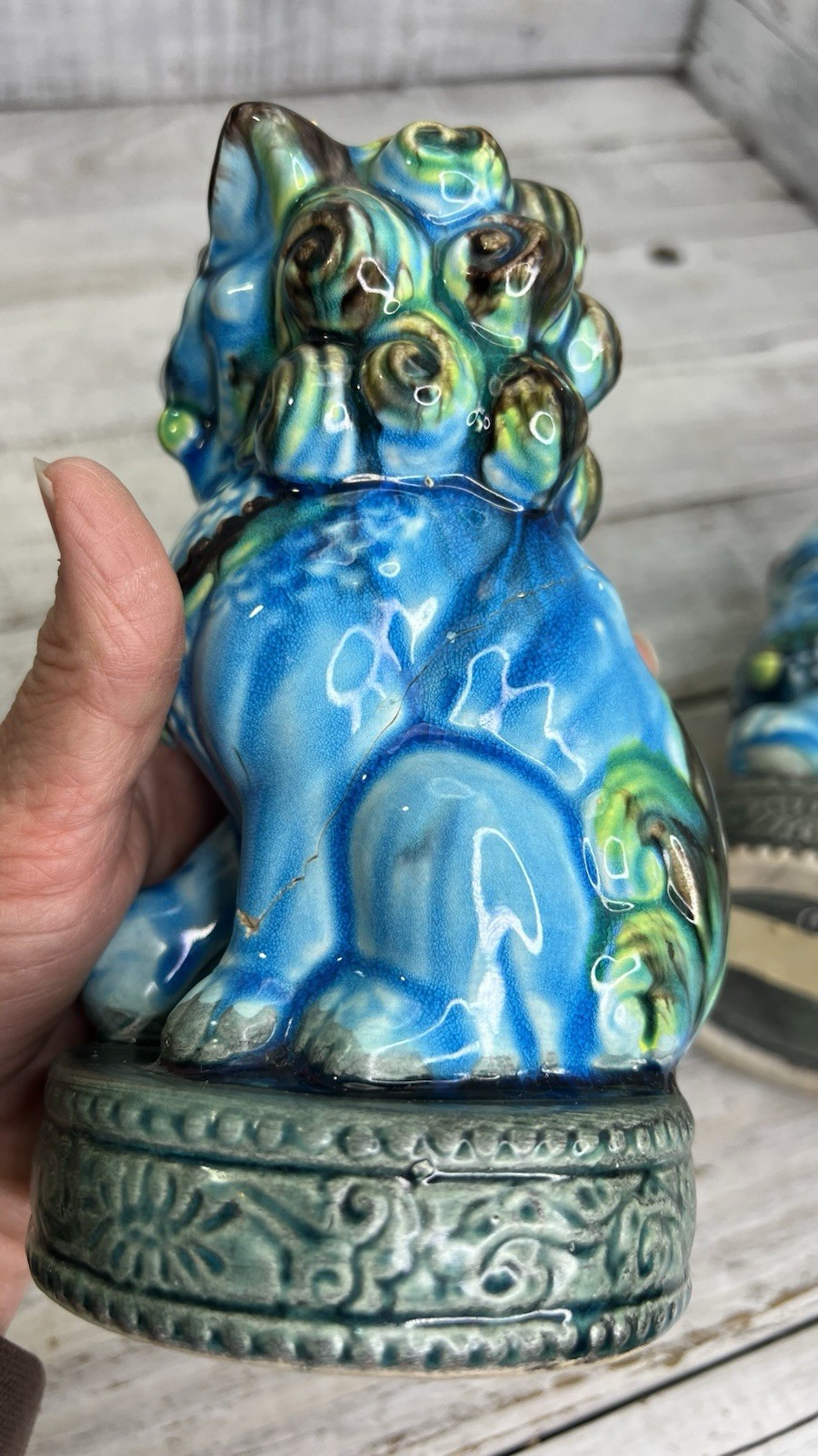 VINTAGE PORCELAIN TURQUOISE FOO DOG FIGURINES PAIR 2 MCM JAPAN AS IS READ 🩵