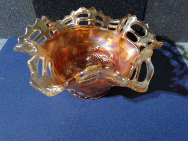 Vintage Blackberry Carnival Glass Basket Weave Lace Edge Bonbon Candy Dish