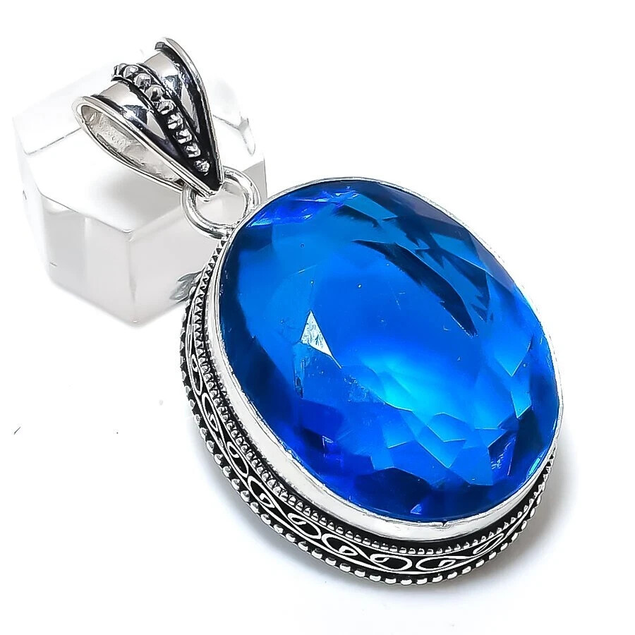 London Topaz Pendant, 925 Silver Sterling, Blue Pendant, Christmas Jewelry, Oval