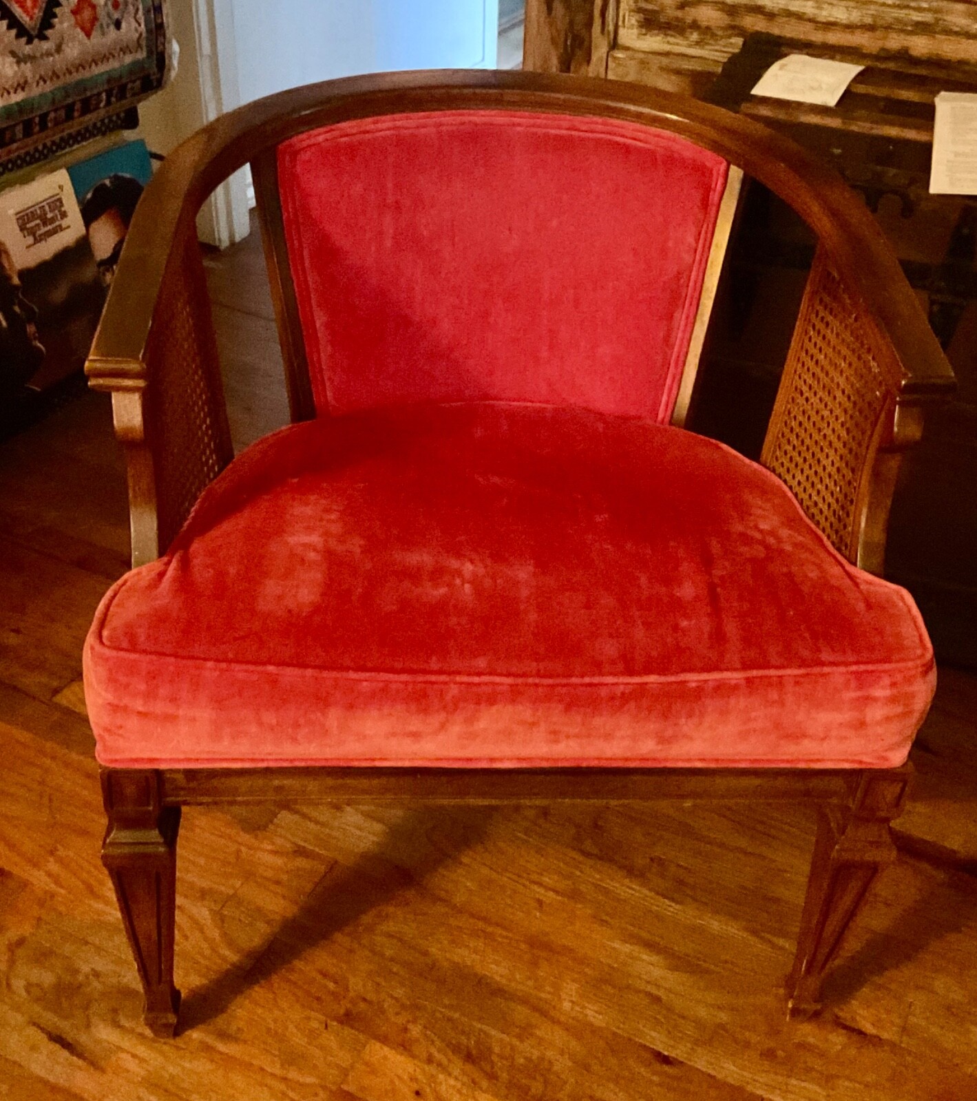 Vtg Kimball MCM Wood Cane Barrel red suede velvet Accent Arm Chair retro lounge
