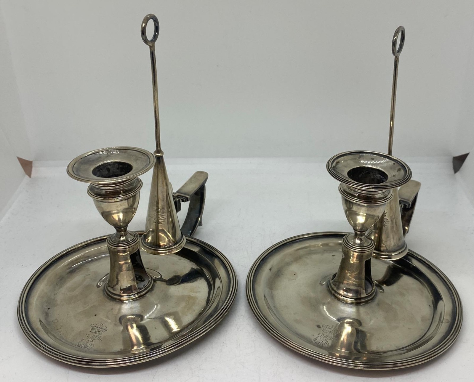 2 English George III Sterling Chamberstick Candlesticks Snuffer Richard Sharp