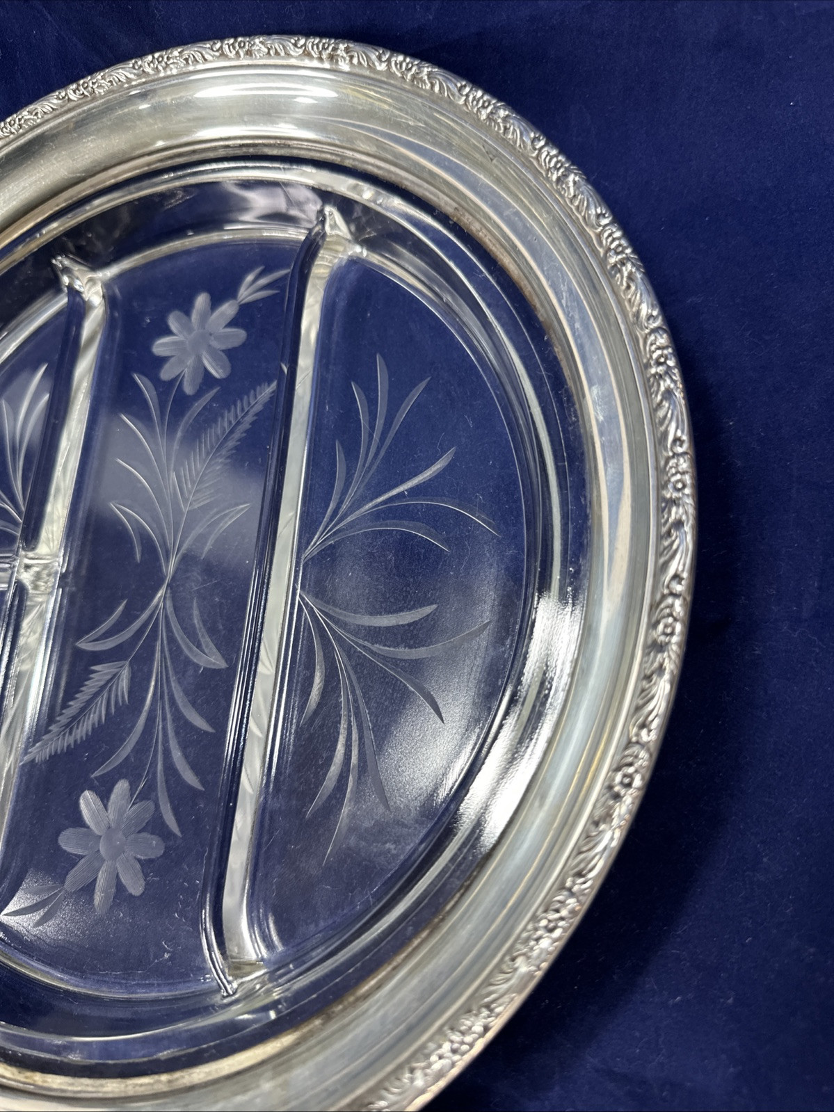 Frank M. Whiting Sectional 12″ Glass Dish with Sterling Silver Rim
