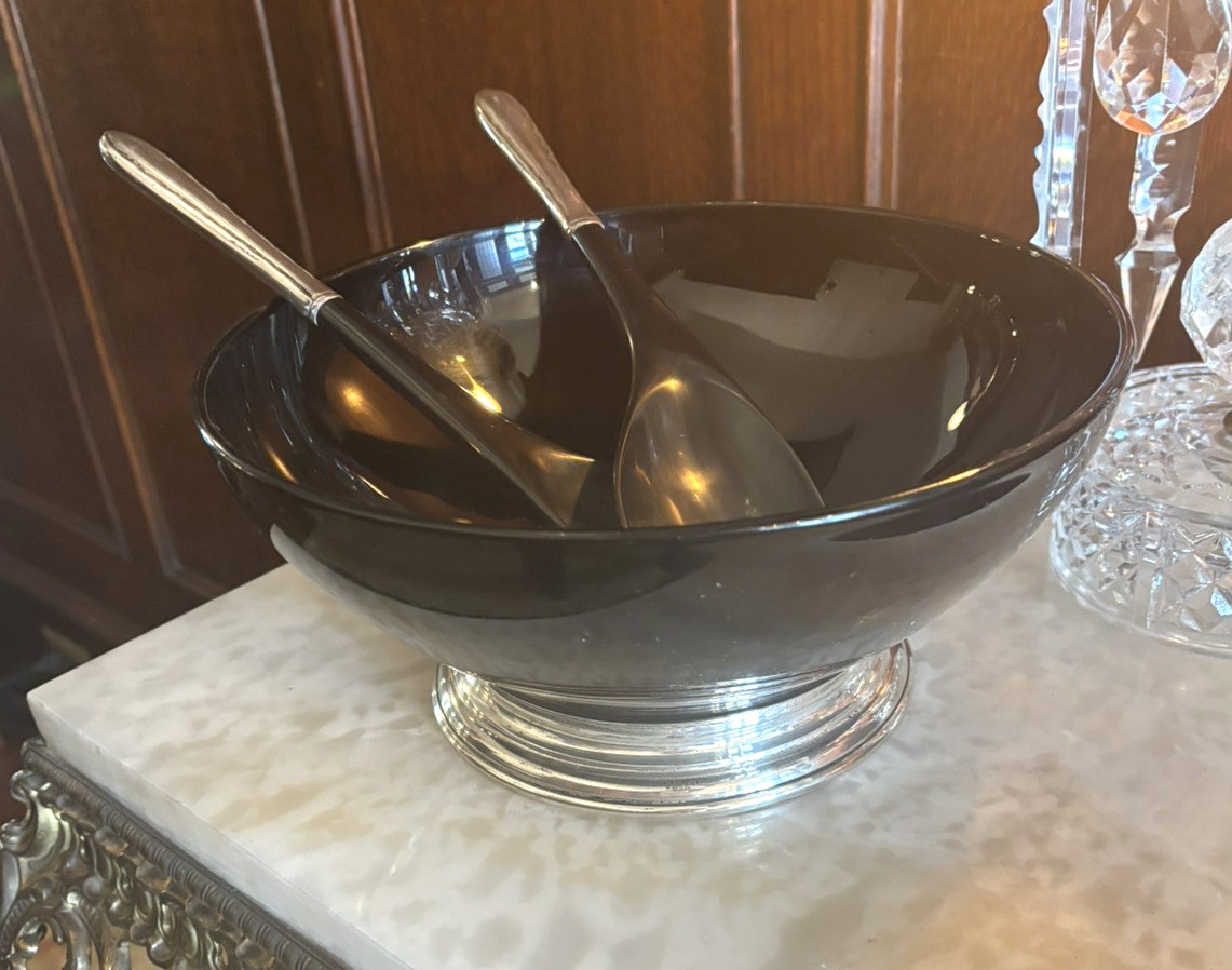 Silver Flutes Sterling Silver Black Salad Set (3 pieces) and Bowl Mid Century