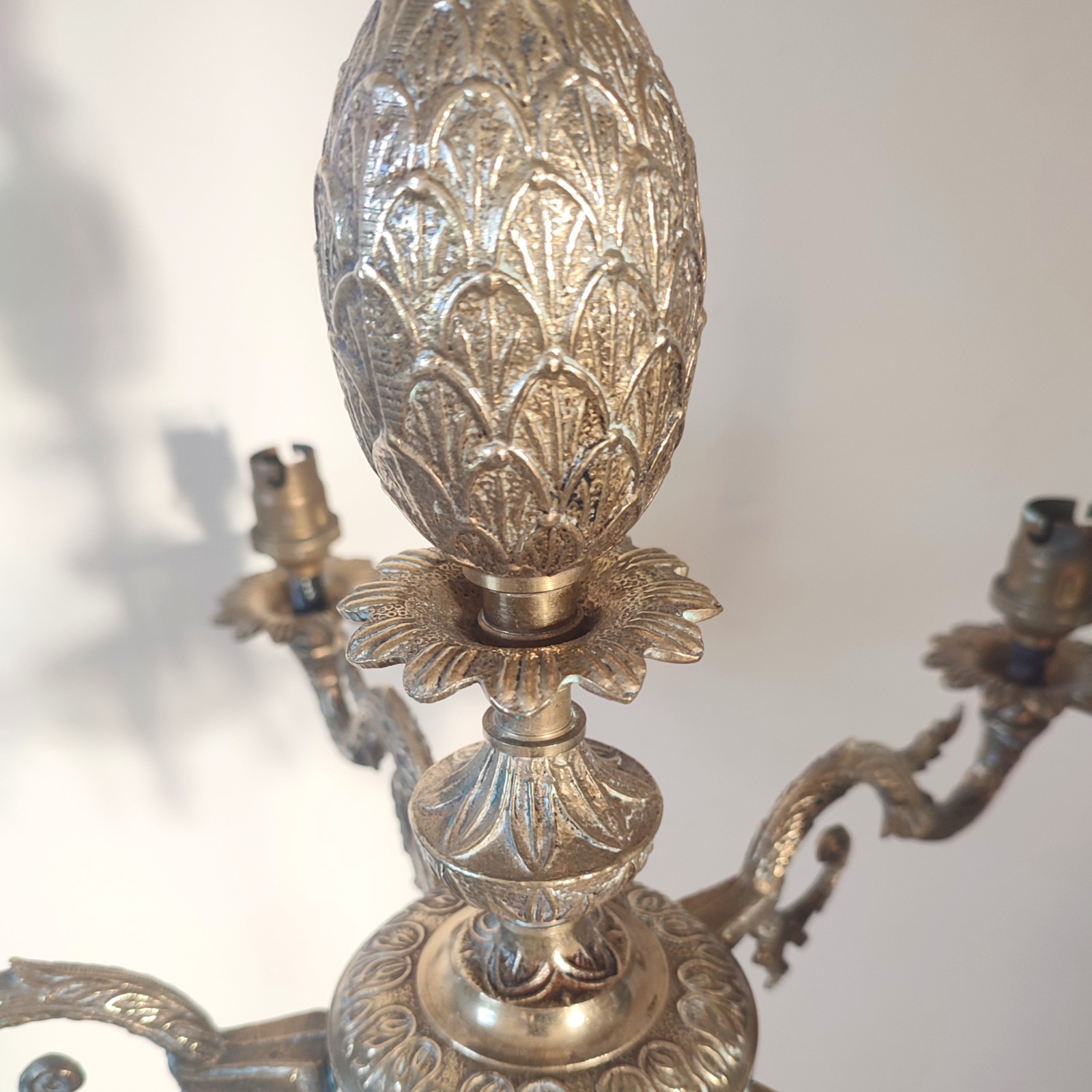 Antique Brass Five-Arm Chandelier – Ornate Rococo Revival Ceiling Light (c.1900)