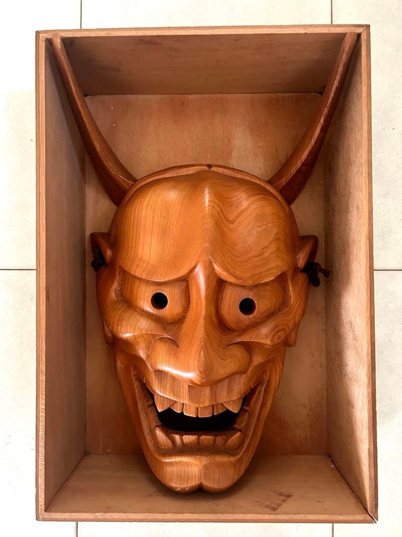 Wooden Hannya Mask Oni Hannya Demon Japanese Antique Wood Carving with Box