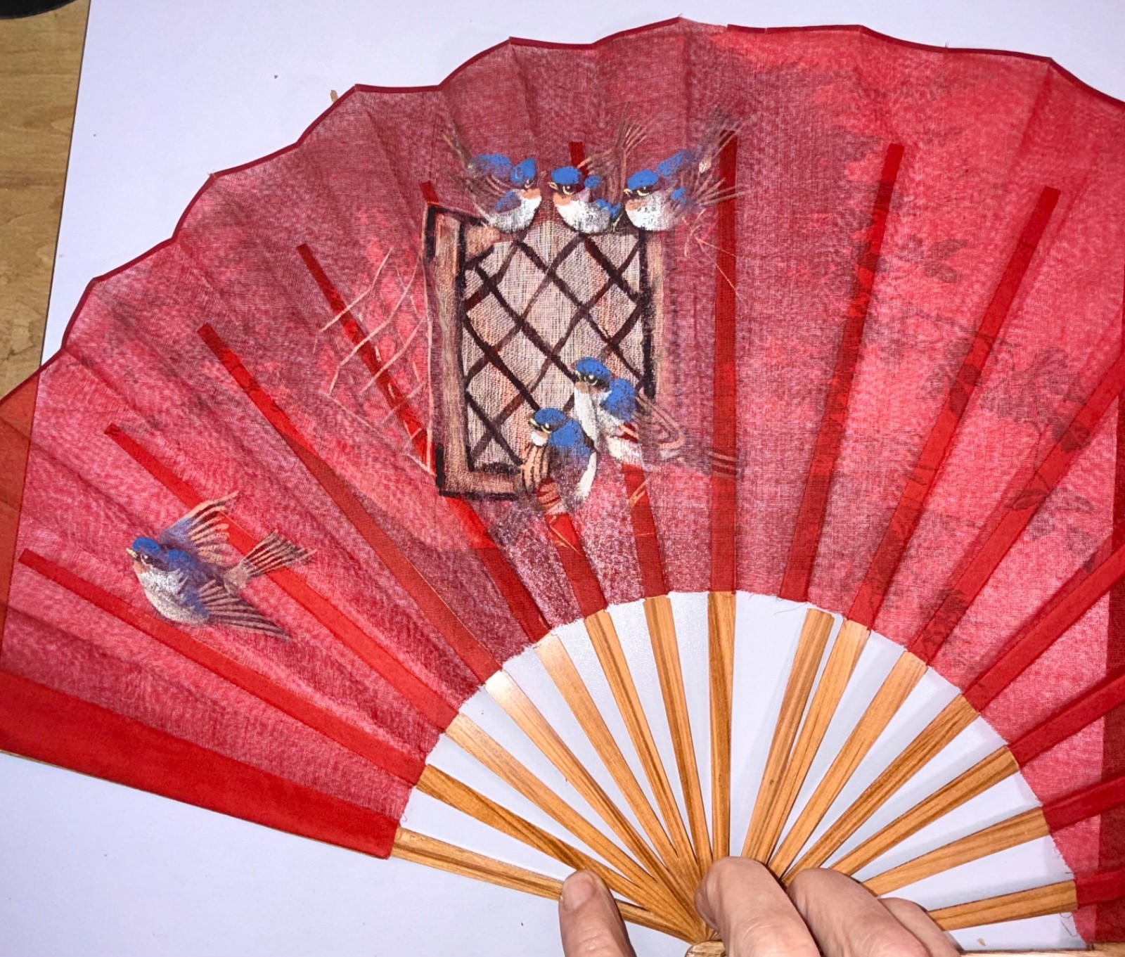 ANTIQUE HAND PAINTED GAUZE FAN WITH BLUE BIRDS FROM THE 1880s