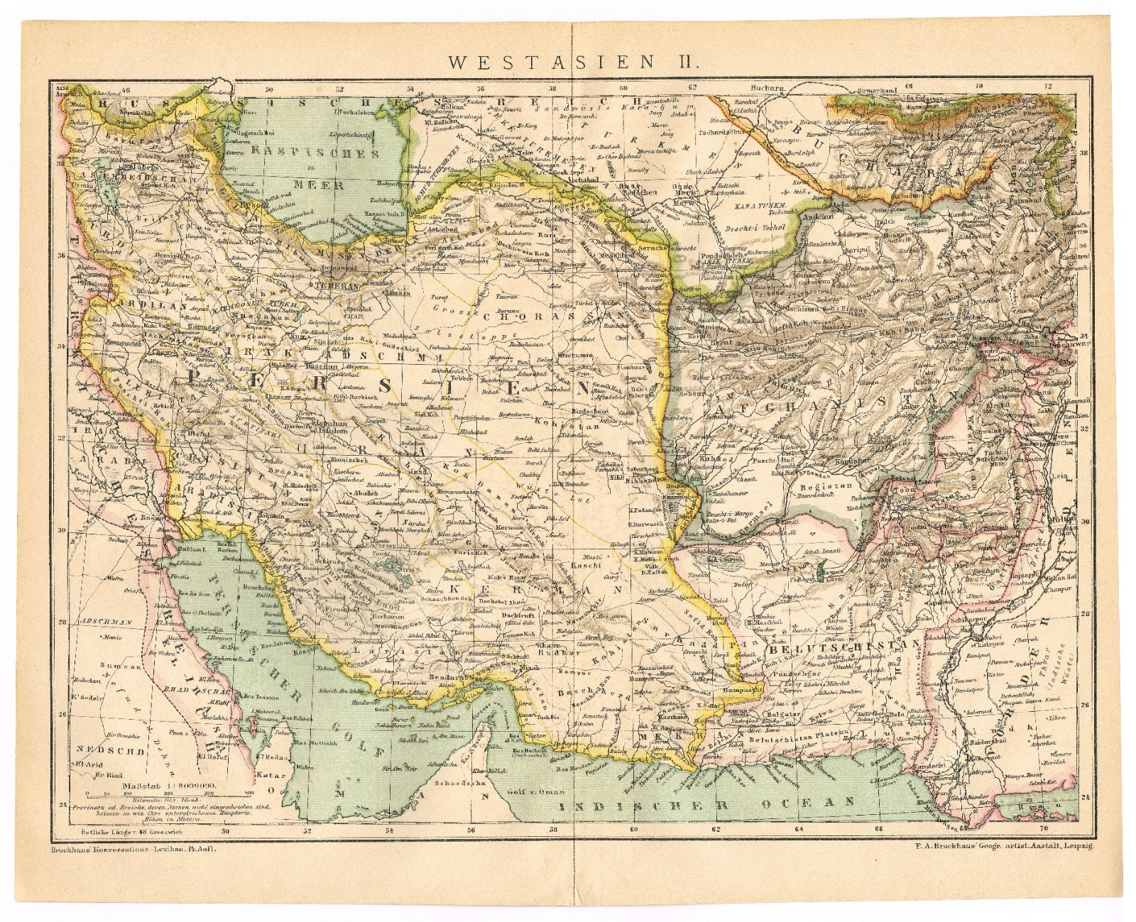 IRAN 1894 Persia ASIA Original Map TEHRAN Teheran Mashhad Isfahan Esfahan