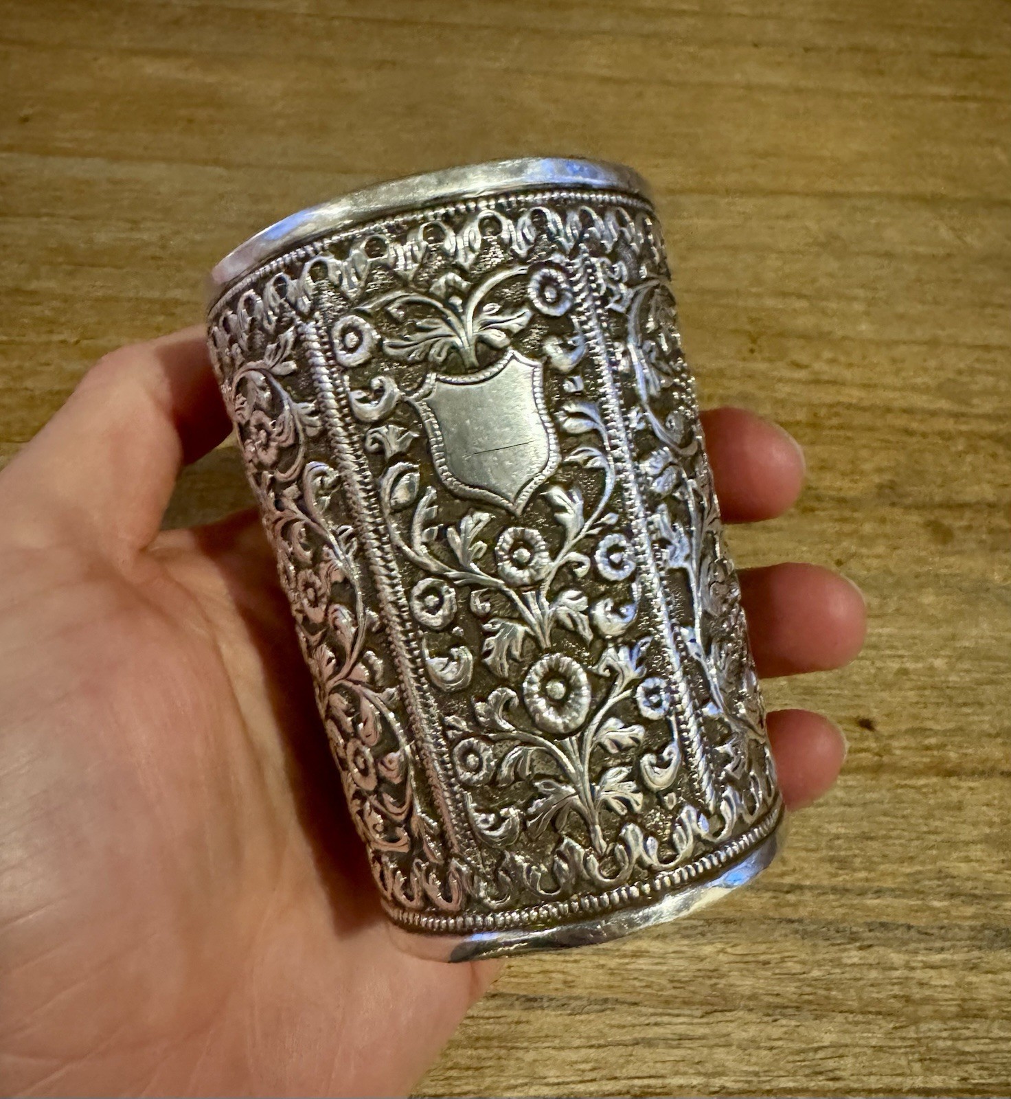 Superb & Heavy 19thC Indian Kutch Silver Beaker, Oomersi Mawji(?), c1880 (190g)