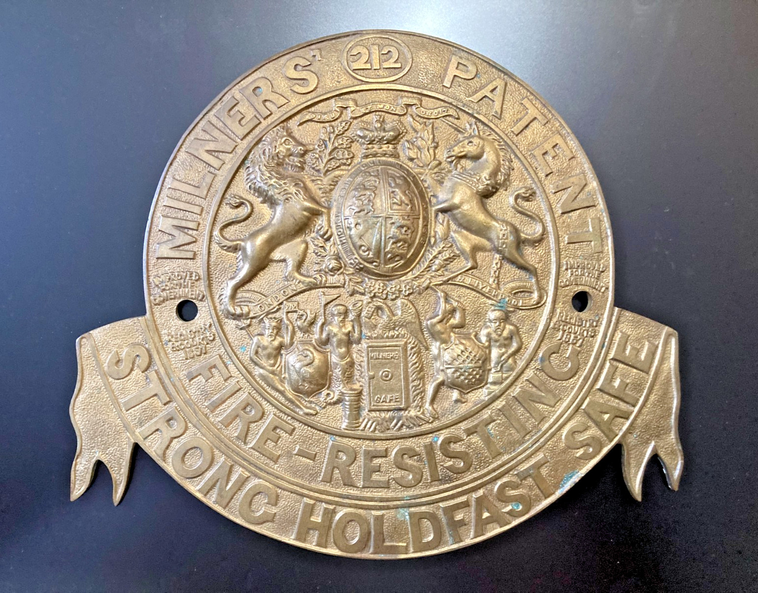 Victorian Brass Milners Safe Plaque ‘212’ Fire-Resisting Thief-Resisting 1.1kg