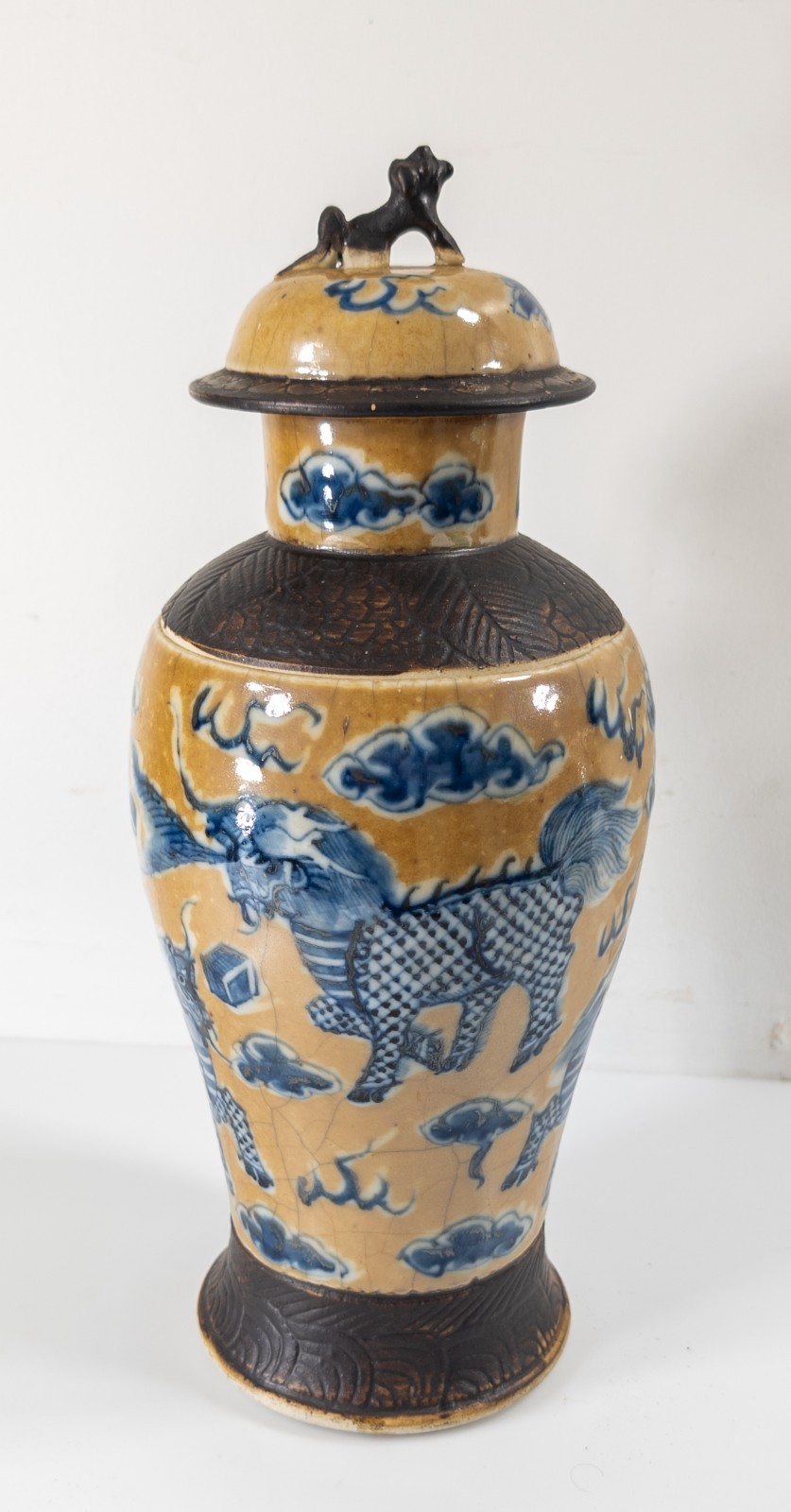 Antique Chinese Blue and White Cafe-Au-Lait Garniture Vase Faux Bronze Signed