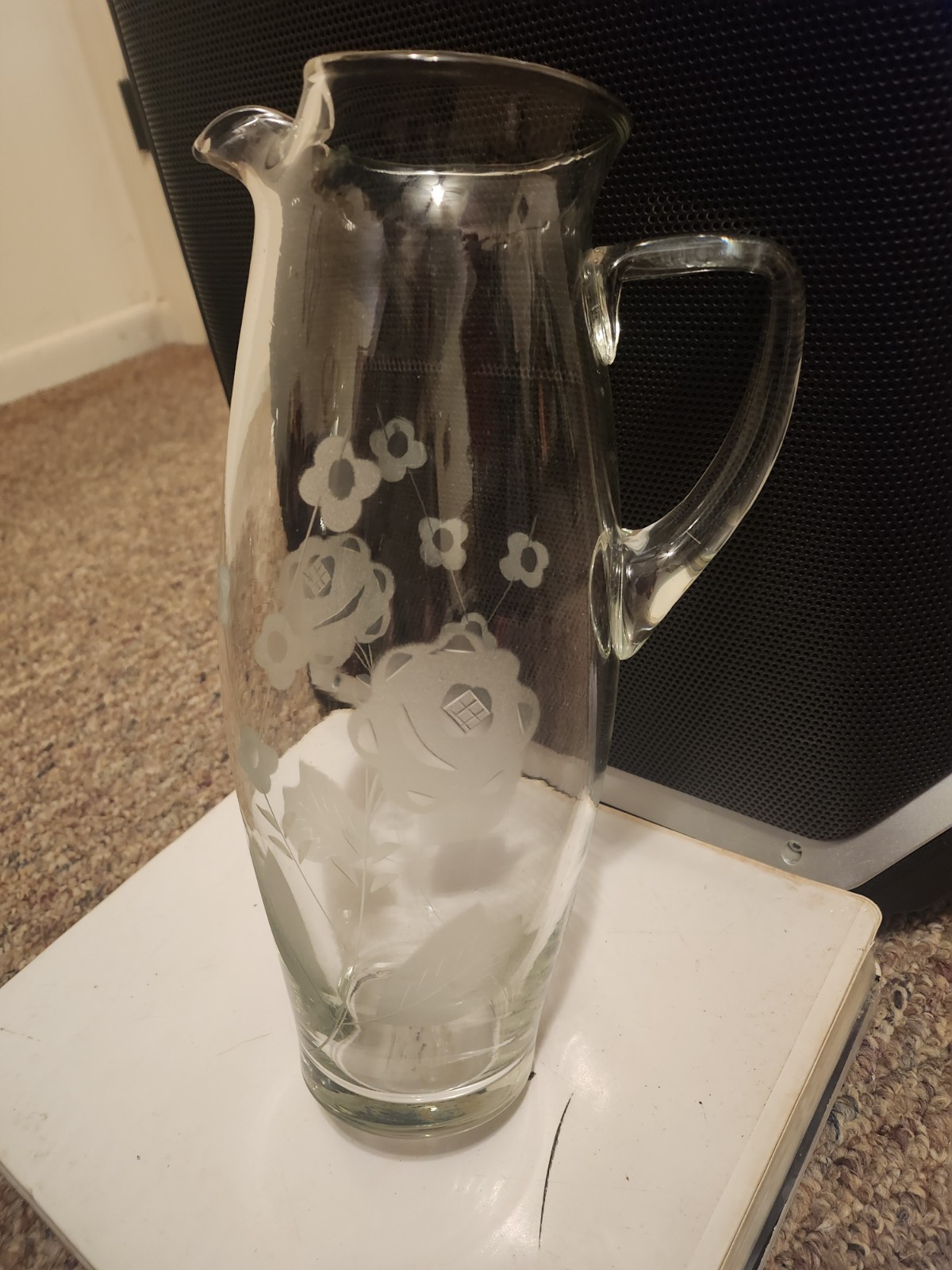 Vintage WJ Hughes Hand Blow Corn Flower Etched Glass Pitcher