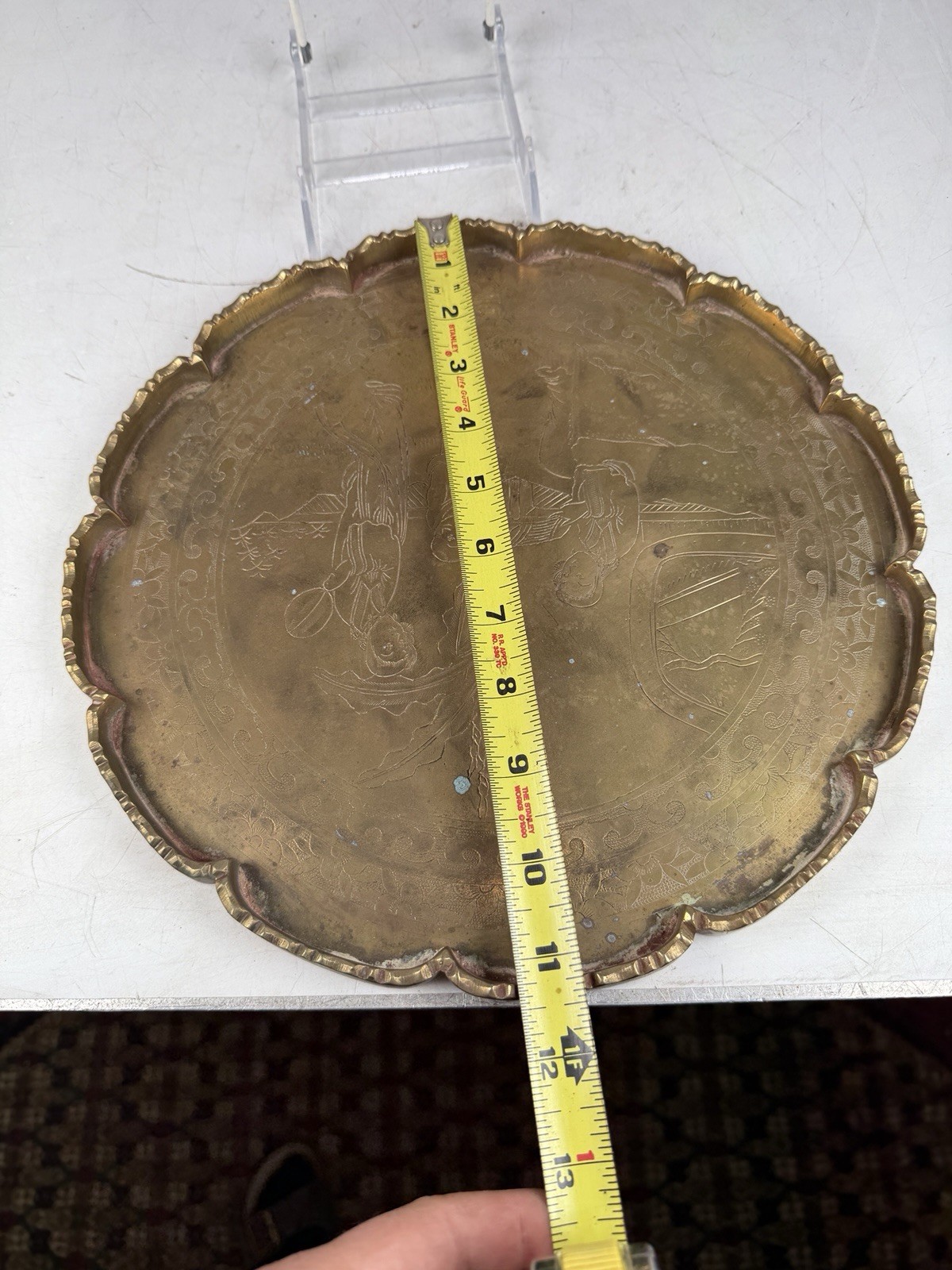Antique Chinese Brass Tray Etched Scalloped Charger Plate Republic Era 11.5 “