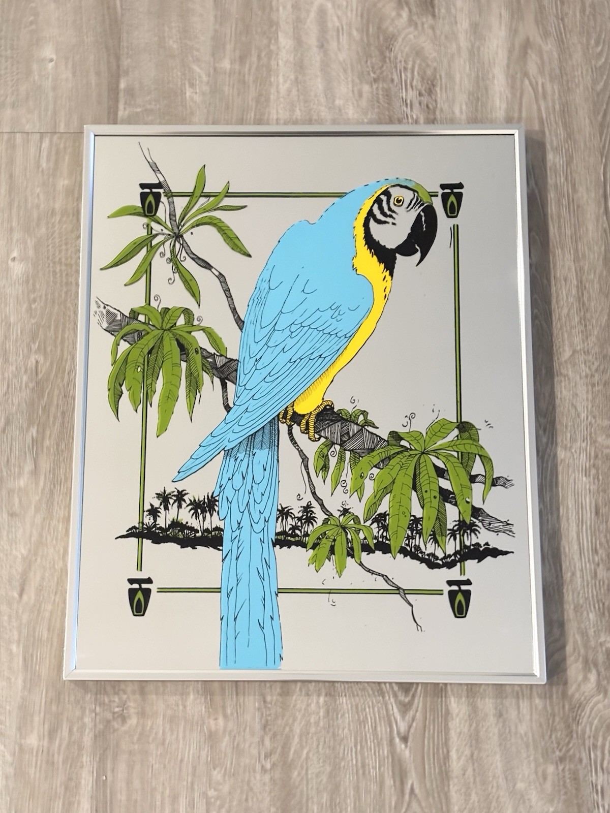 Vintage Painted Parrot Mirror Mid Century Modern MCM Tropical Wall Art