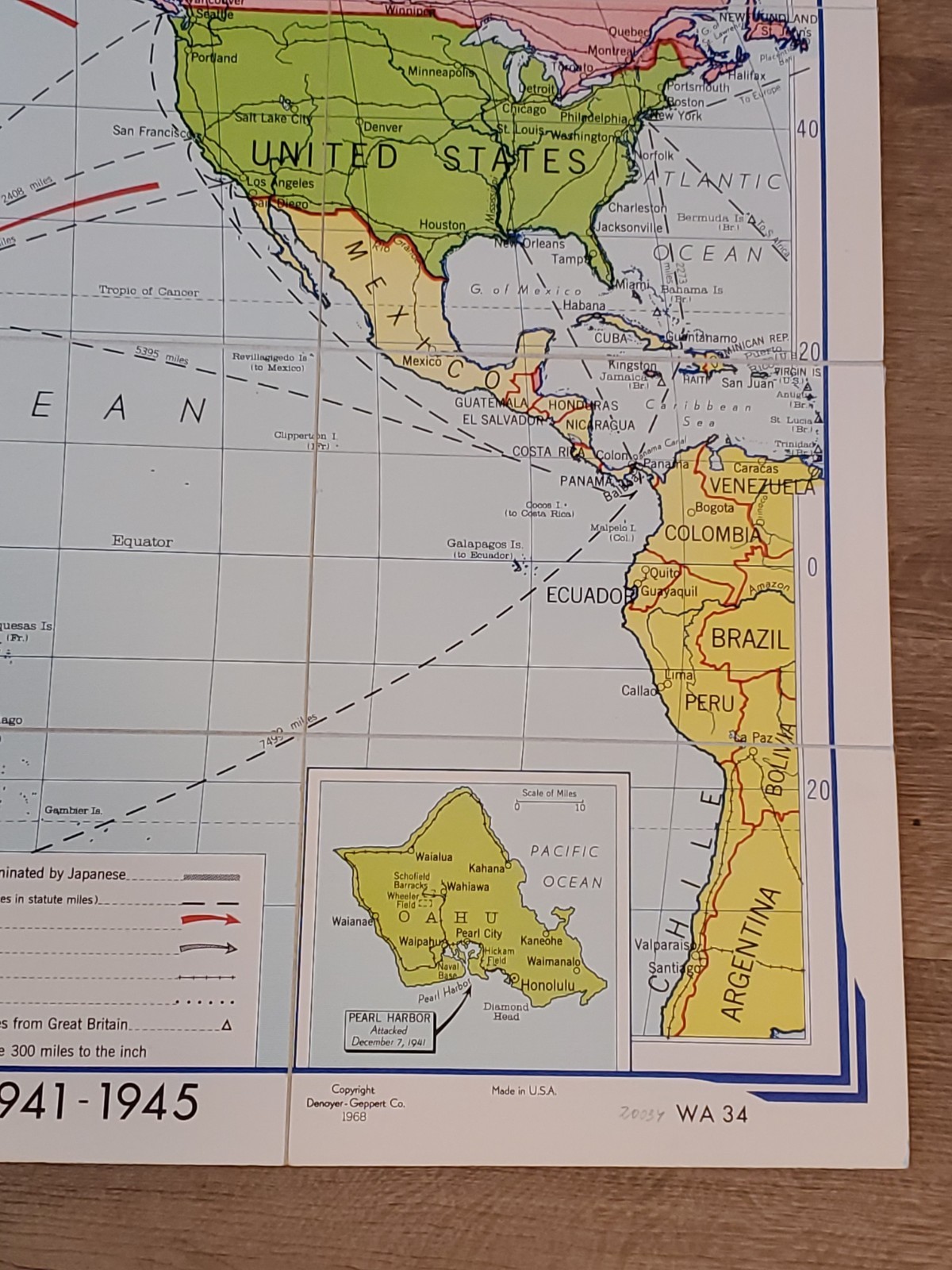 1968 Denoyer-Geppert Folding Cloth Map Classroom Pacific Area In WWII 1941-1945