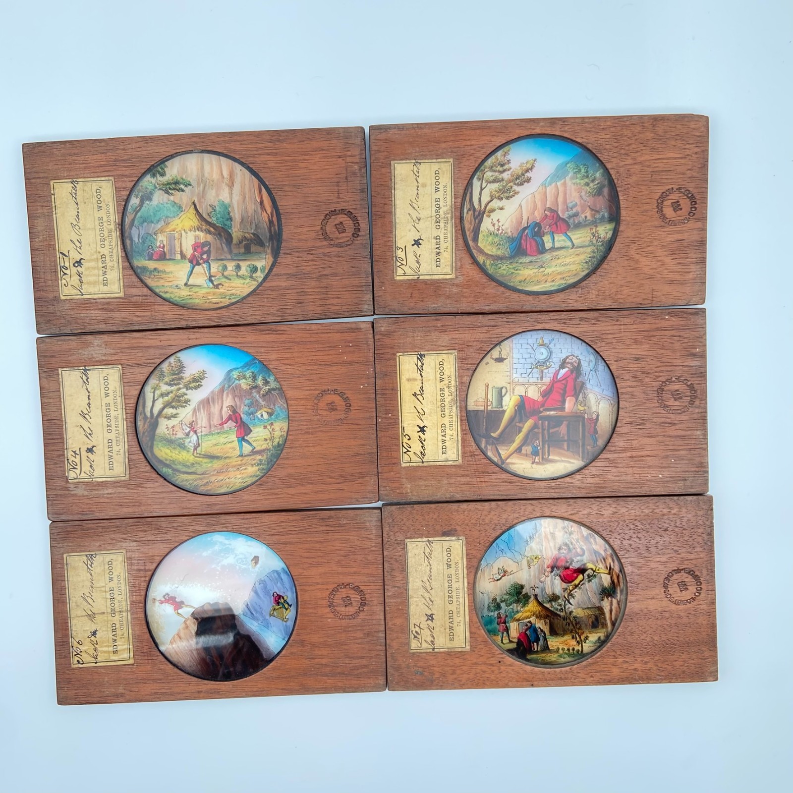 6 magic lantern slides c1860 ‘Jack & the Beanstalk’ hand coloured by E.G. Wood
