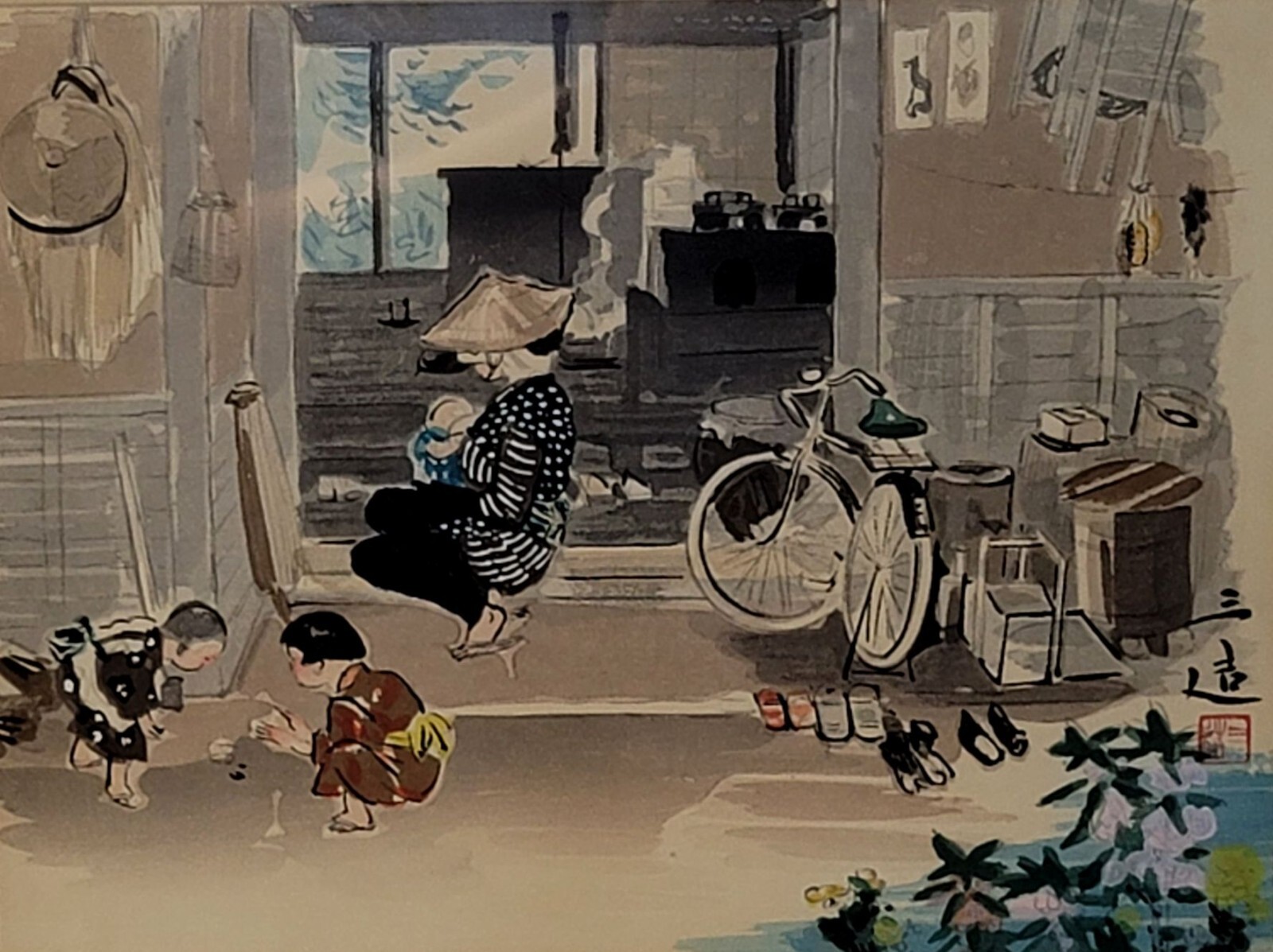 Japanese Woodblock Print ” Farm Family” by Sanzo Wada