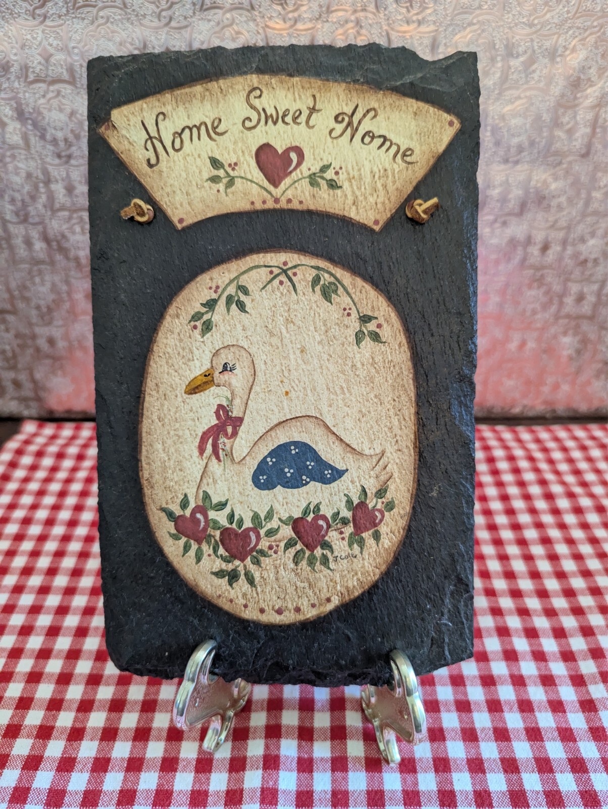 PRIMITIVE VTG/USA Hand Painted SLATE-SLAB Plaque w/”HOME sweet HOME”/pretty Duck