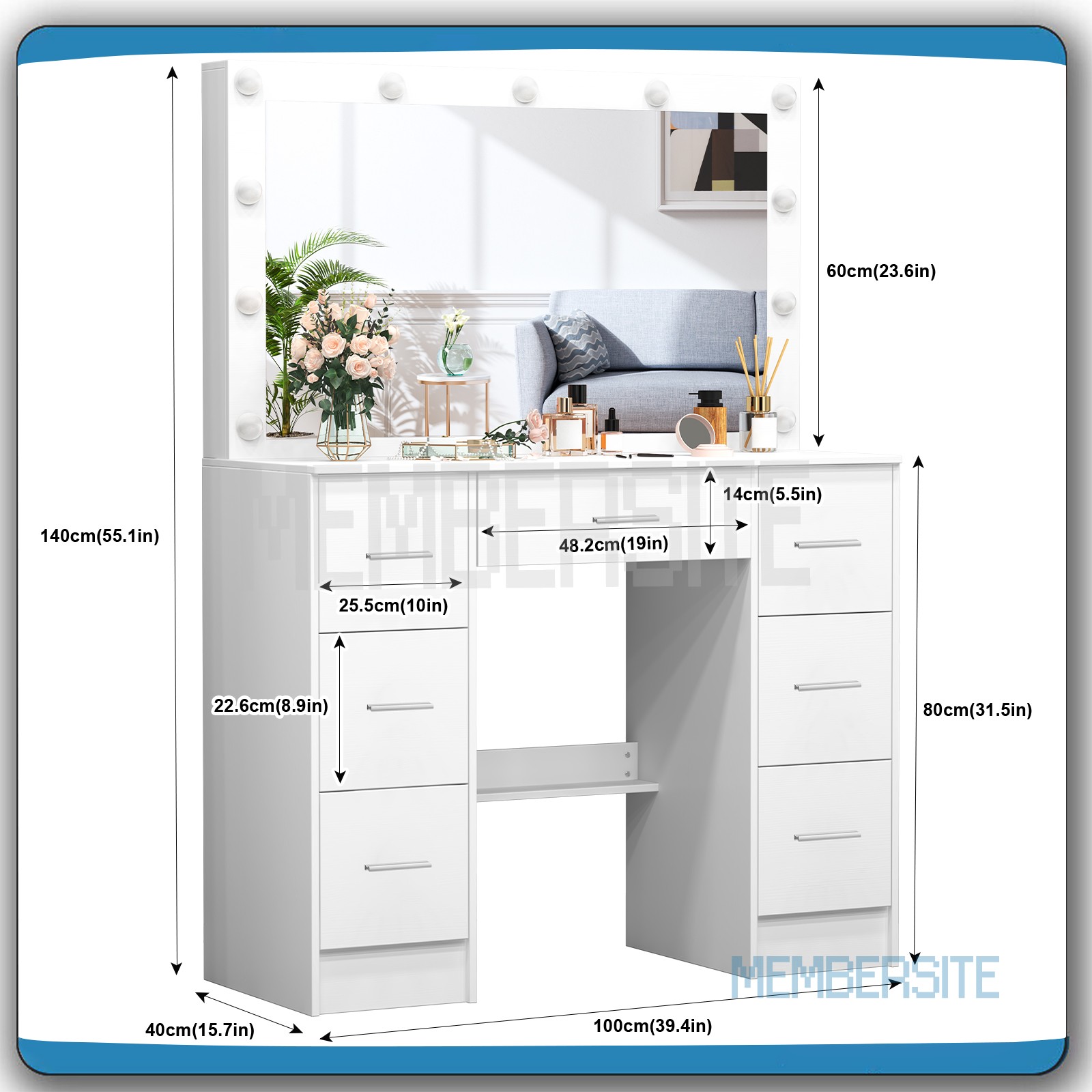 Large Vanity Set Makeup Vanity with LED Lights Mirror and 7 Drawers Vanity Table