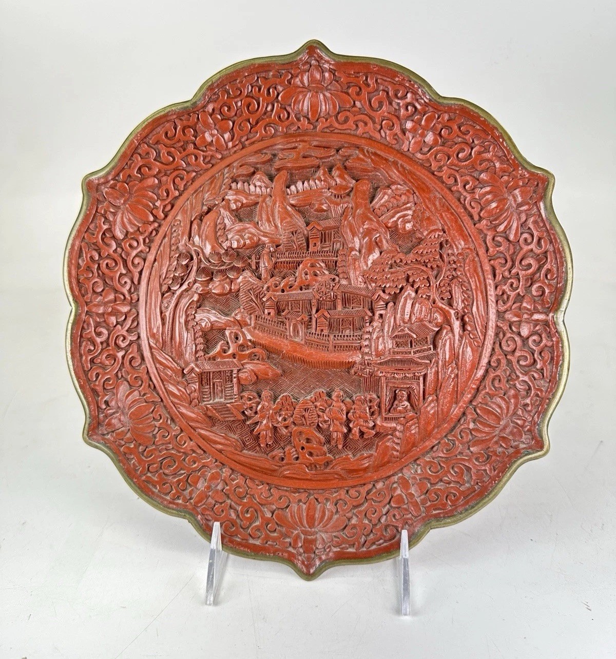 Antique Chinese 18-19thC Cinnabar Lacquer Plate W Qianlong Mark Qing Dynasty 11”