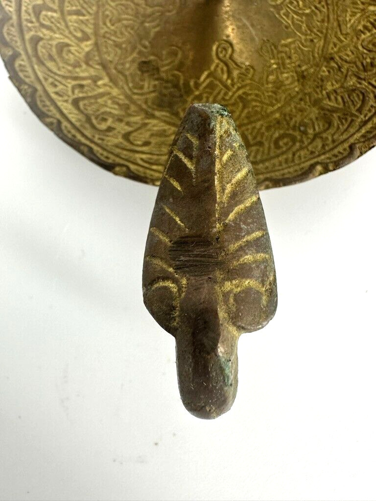 ANTIQUE PRIMITIVE PAIR Signed DAMASCUS Brass Chamberstick Thumb Rest/Finger Loop