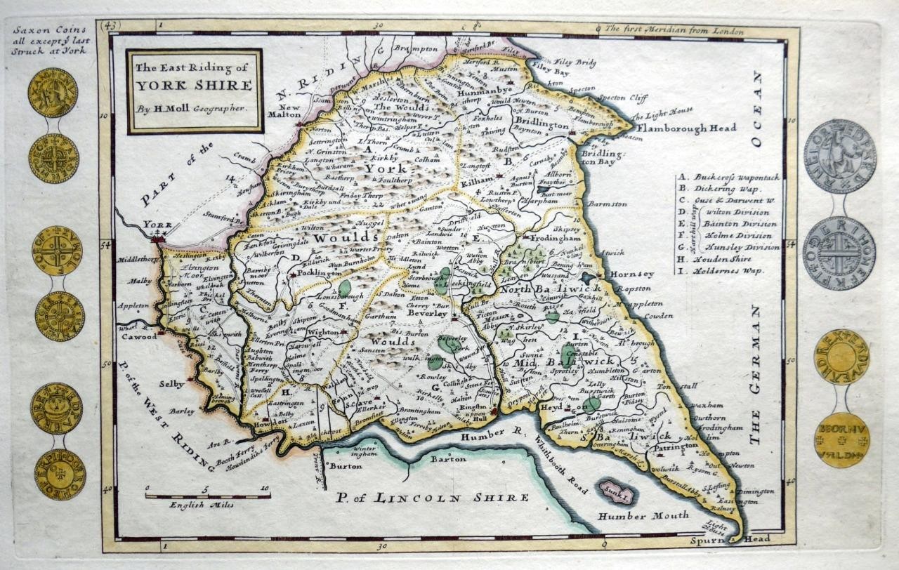 YORKSHIRE EAST RIDING BY HERMAN MOLL c1724 ORIGINAL ANTIQUE ENGRAVED MAP