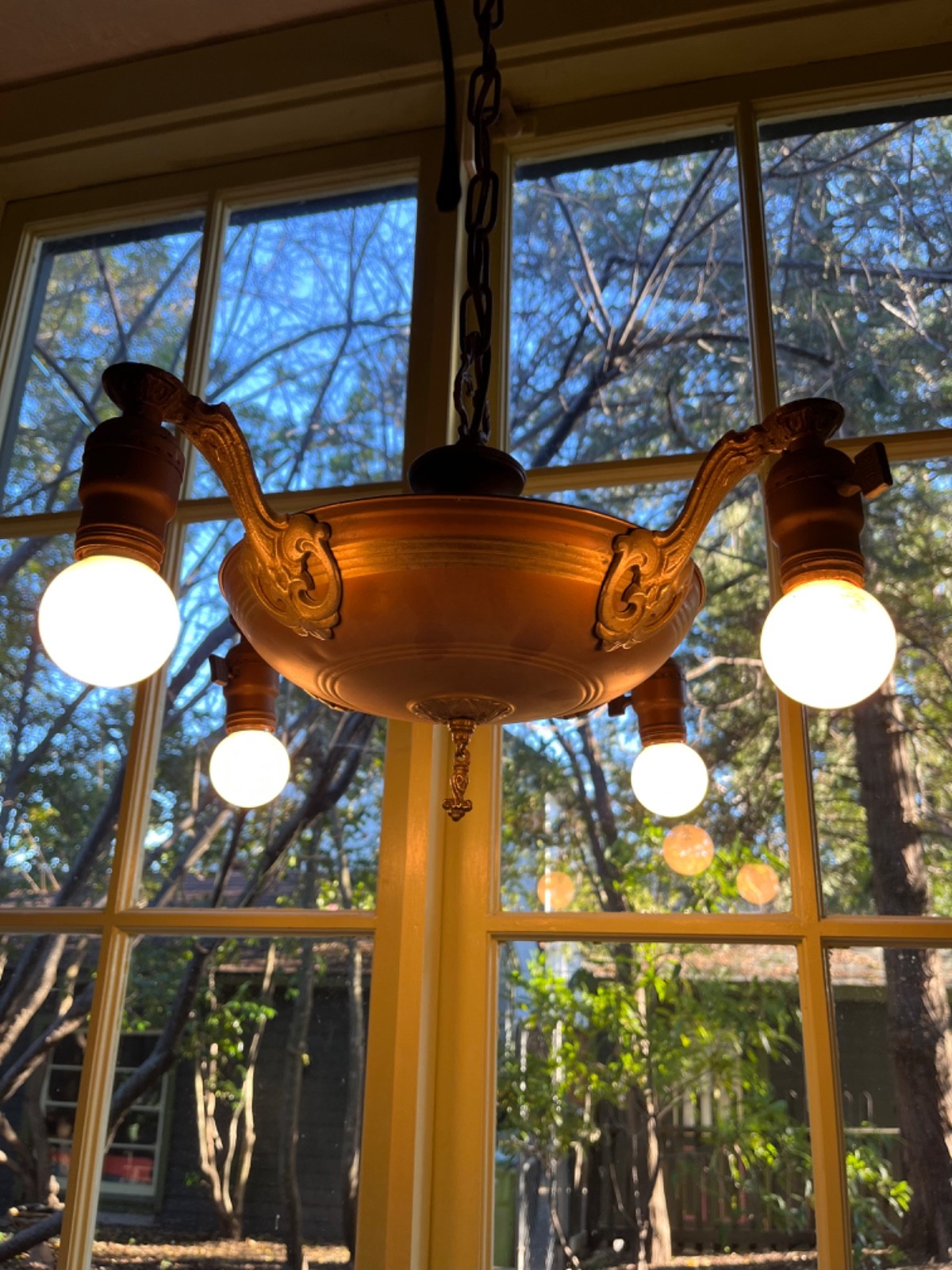 Antique Art Nouveau 4 socket Brass Copper Ornate Chandelier Ceiling Mount
