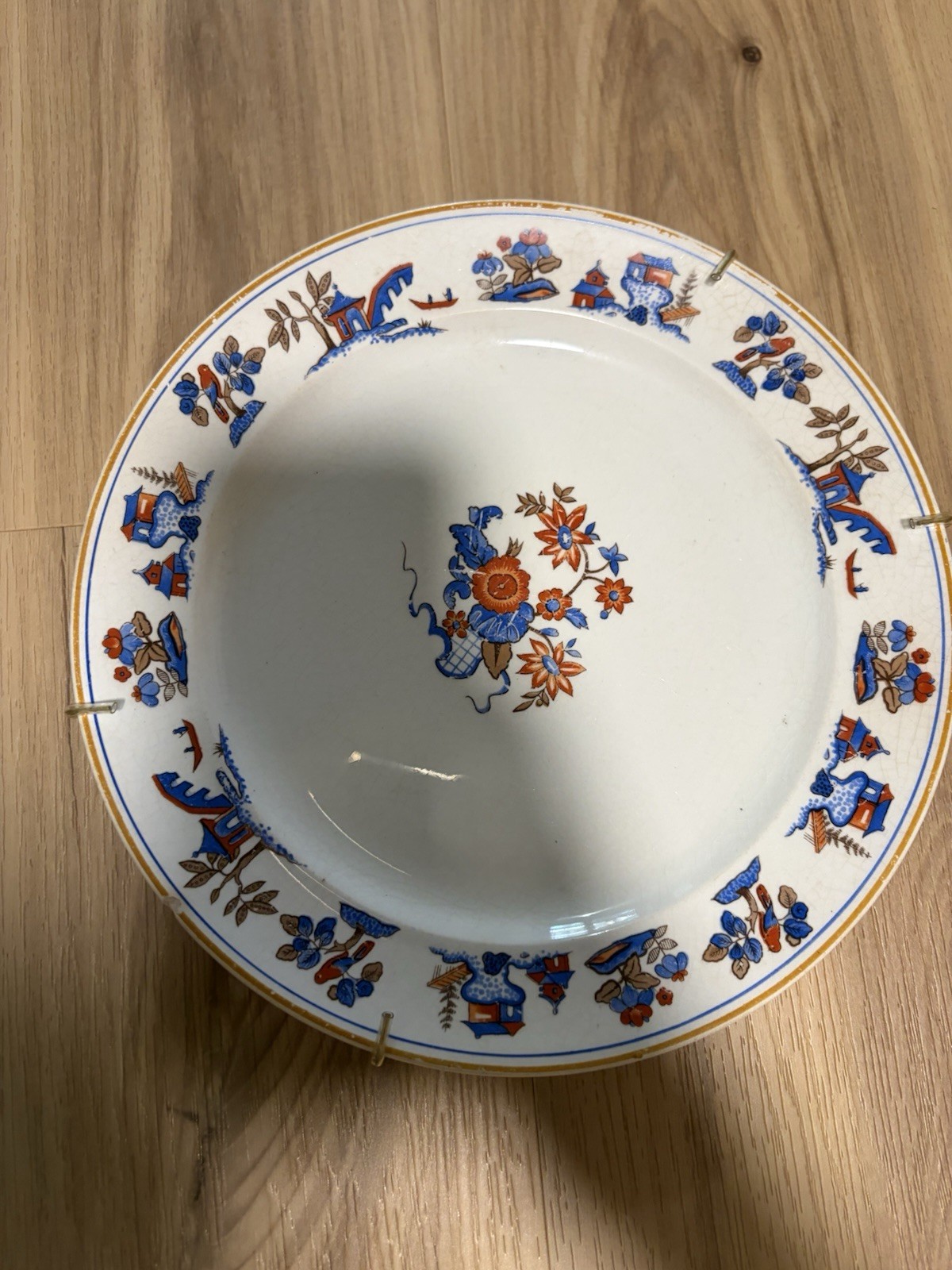Antique Minton & Hollins B/B/ Newstone Pottery Plate China Blue White Orange 9″