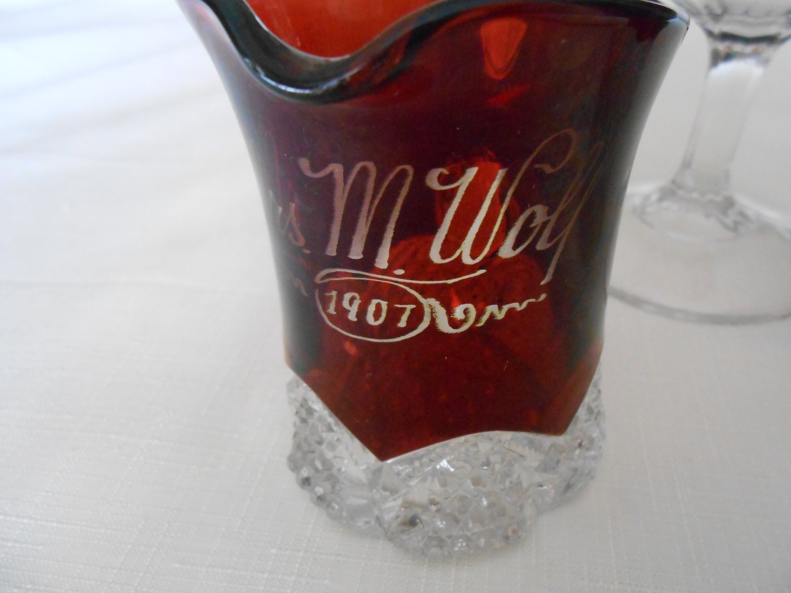 3 Antique Ruby Red Flash Souvenir GOBLET, PITCHER 1907, MUG.