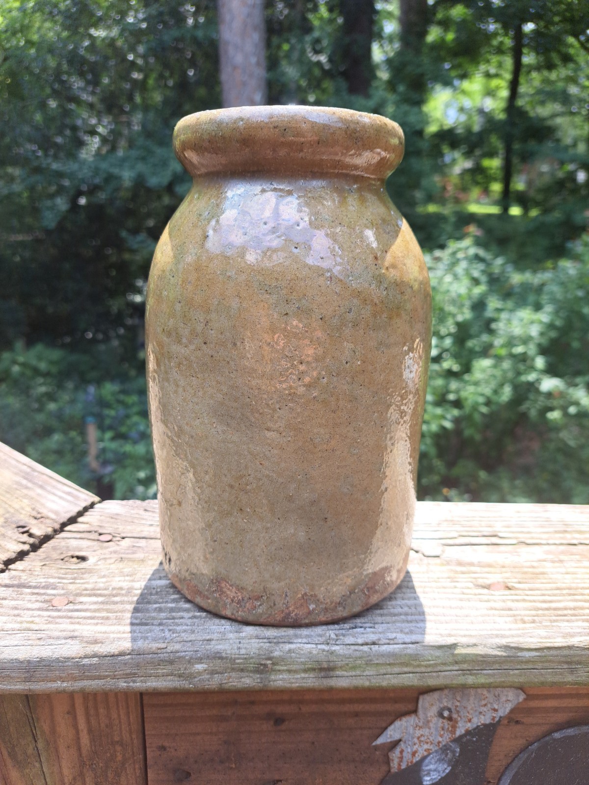 Early Edgefield Alkaline Glazed Canning Jar 8.5″ High, Very Nice Creamy Glaze