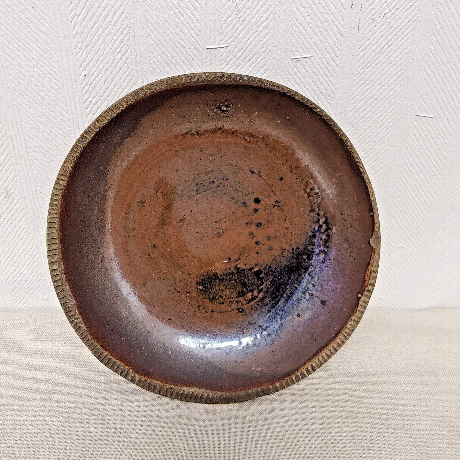 Antique Earthenware Bowl Brown Glaze Primitive Early 19th Century Coggle Rim 7.5