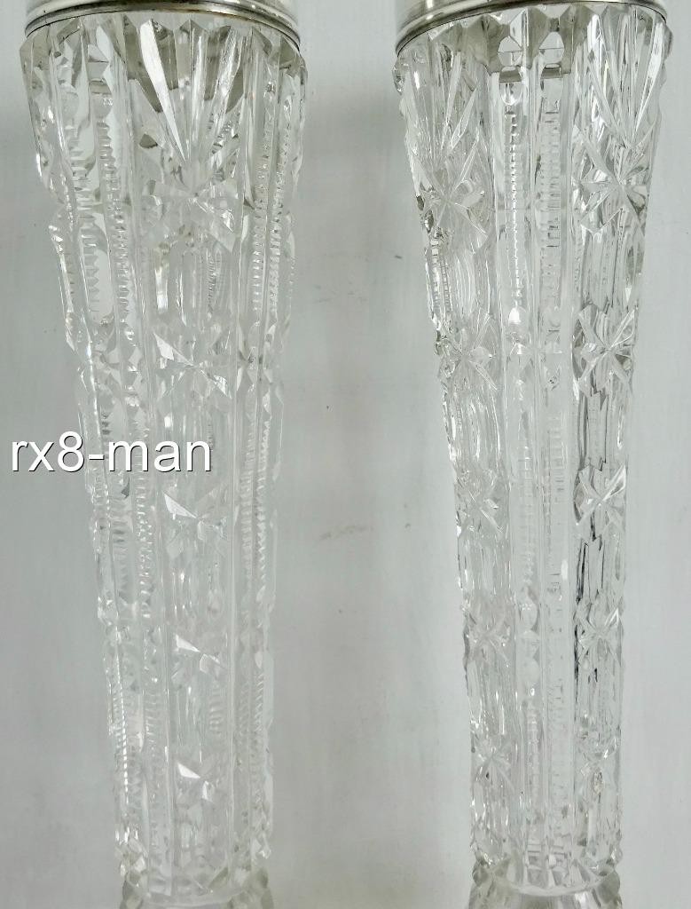SUPERB ANTIQUE PAIR OF SOLID SILVER MOUNTED CUT GLASS BUD FLOWER VASES LON 1921