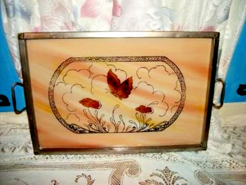 Art Deco Chrome Tray Reverse Glass Butterflies Machine Age Ombre Slag 1920s