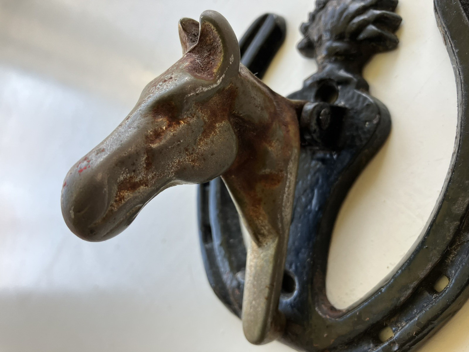 Antique Brass Horse Head Portrait Door Knocker Painted Black Horseshoe (nw2)