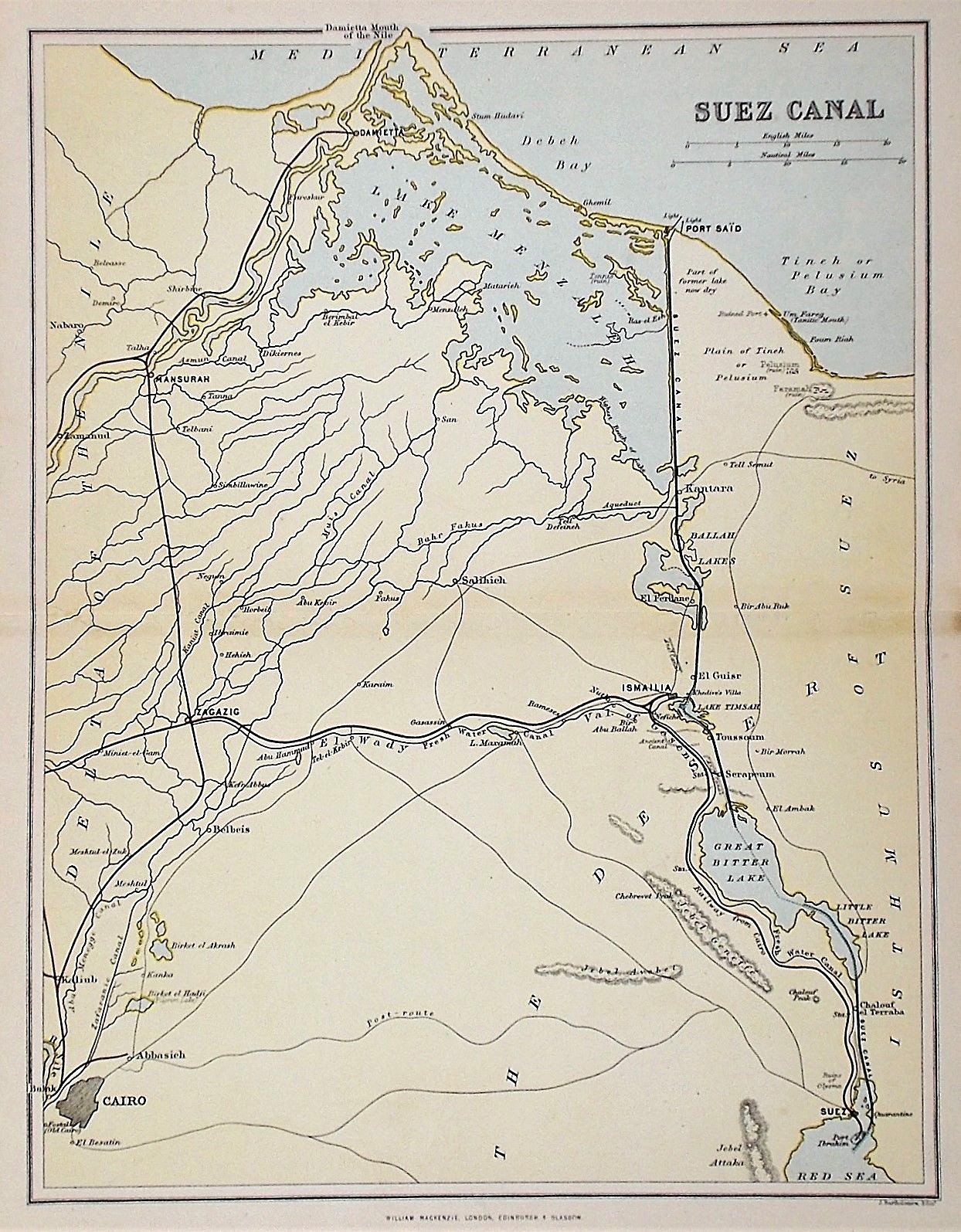 OLD ANTIQUE MAP SUEZ CANAL WATERWAY EGYPT c1880’s by J BARTHOLOMEW