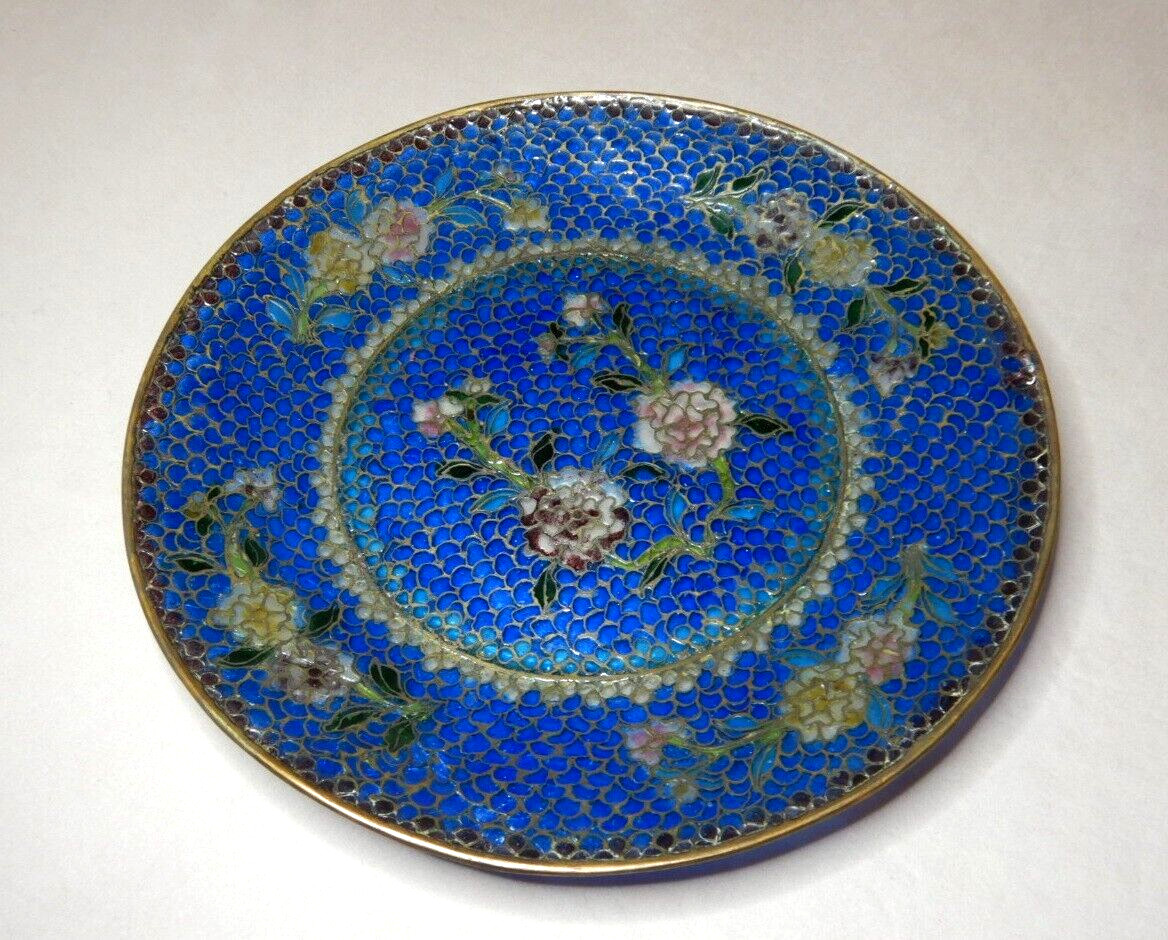 ANTIQUE CHINESE GLASS AND BRASS PLIQUE A JOUR PLATE 20.5cm