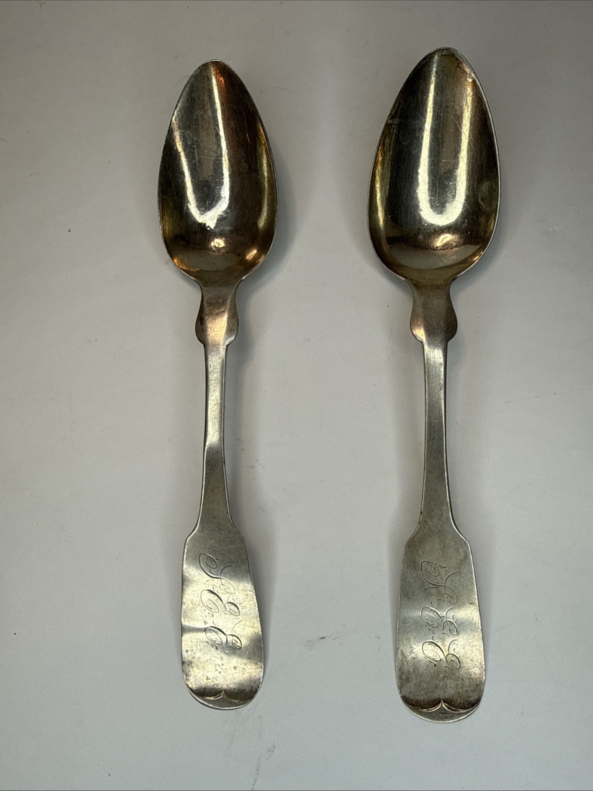 2x Antique G Loomis coin sterling silver fiddle spoon 1850s 38g monogram J-11