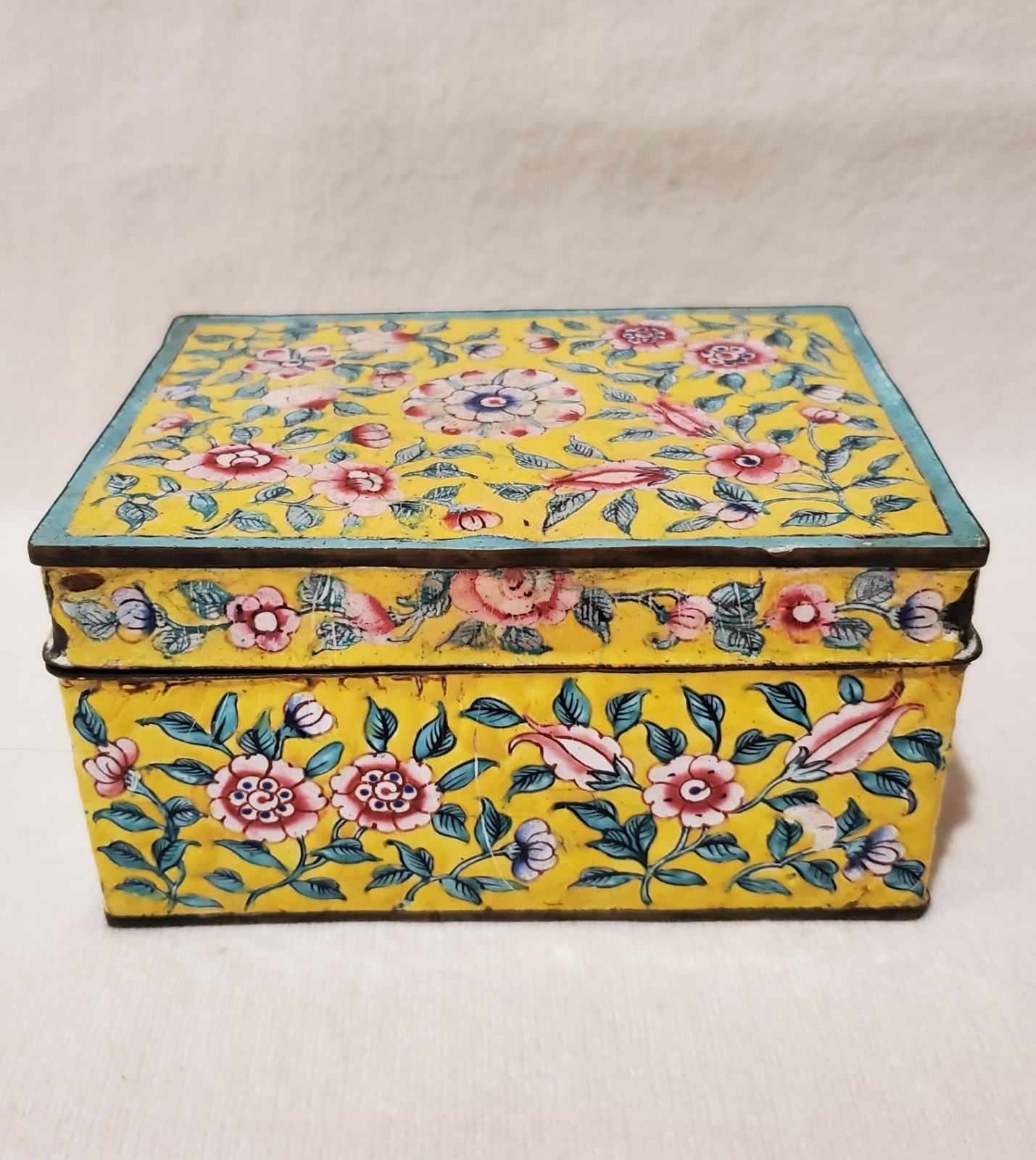 Vtg Cloisonne Brass Enamel Floral Trinket Jewelry Box Yellow Pink Aqua SEE PICS