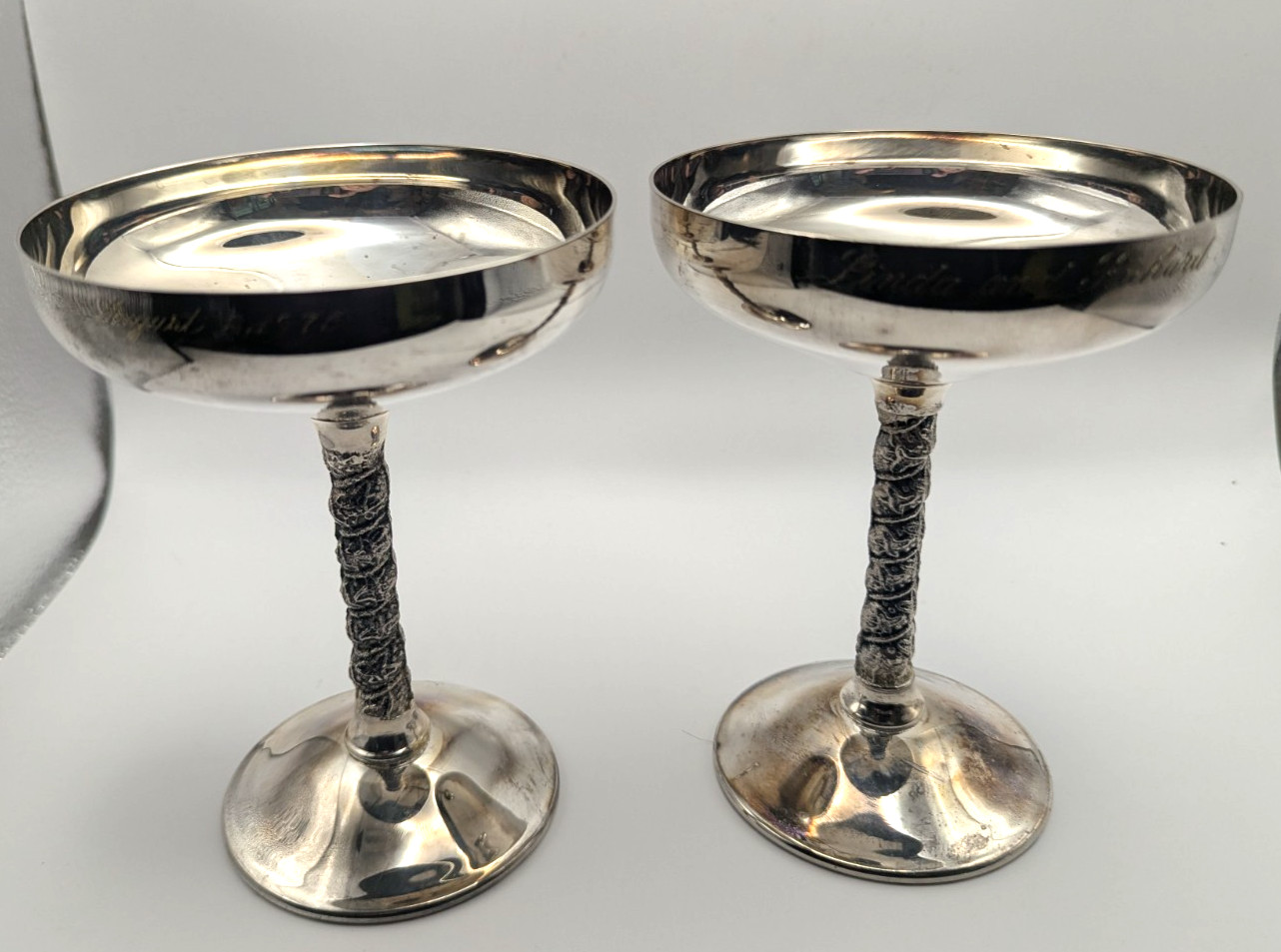 F.B. ROGERS Silverplate Coupe Champagne Glasses Set 2 Italy Engraved Vintage Bar