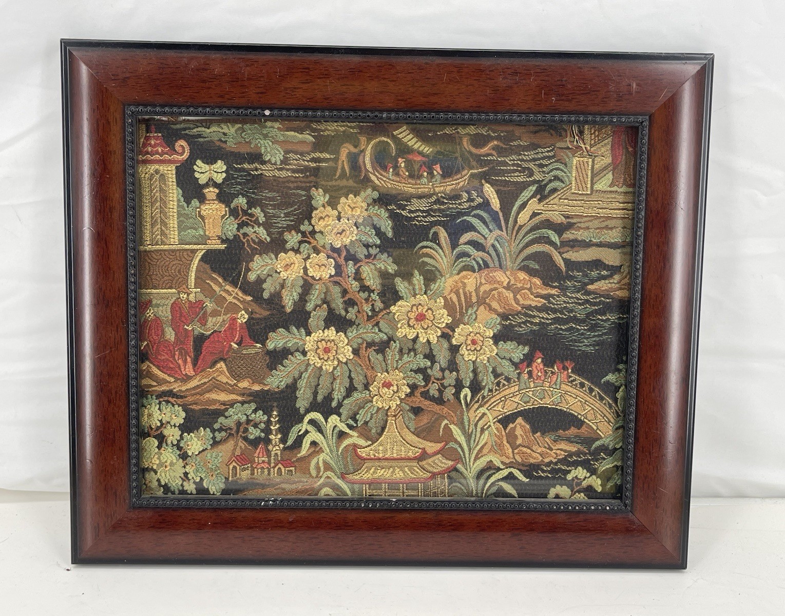 Vintage Framed Asian Chinoiserie Tapestry Wall Art Oriental Scenic Landscape Jac