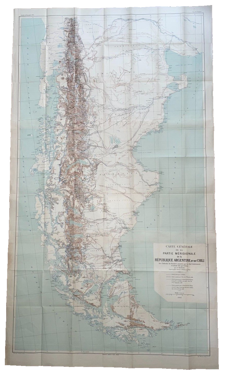 SOUTH ARGENTINA & CHILE BORDERS 1902 F. P. MORENO VERY LARGE UNUSUAL ANTIQUE MAP