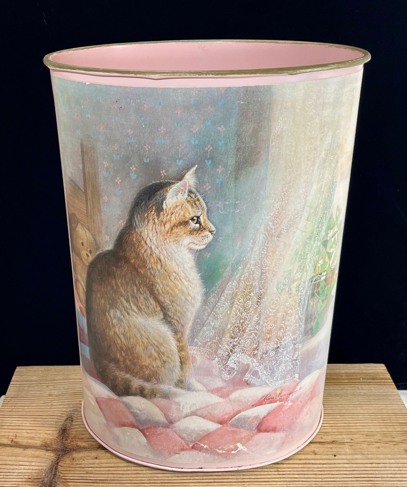 VTG 70’s CAT Metal Bathroom Laundry Wastebasket Decor Trash Garbage Can 13.5″