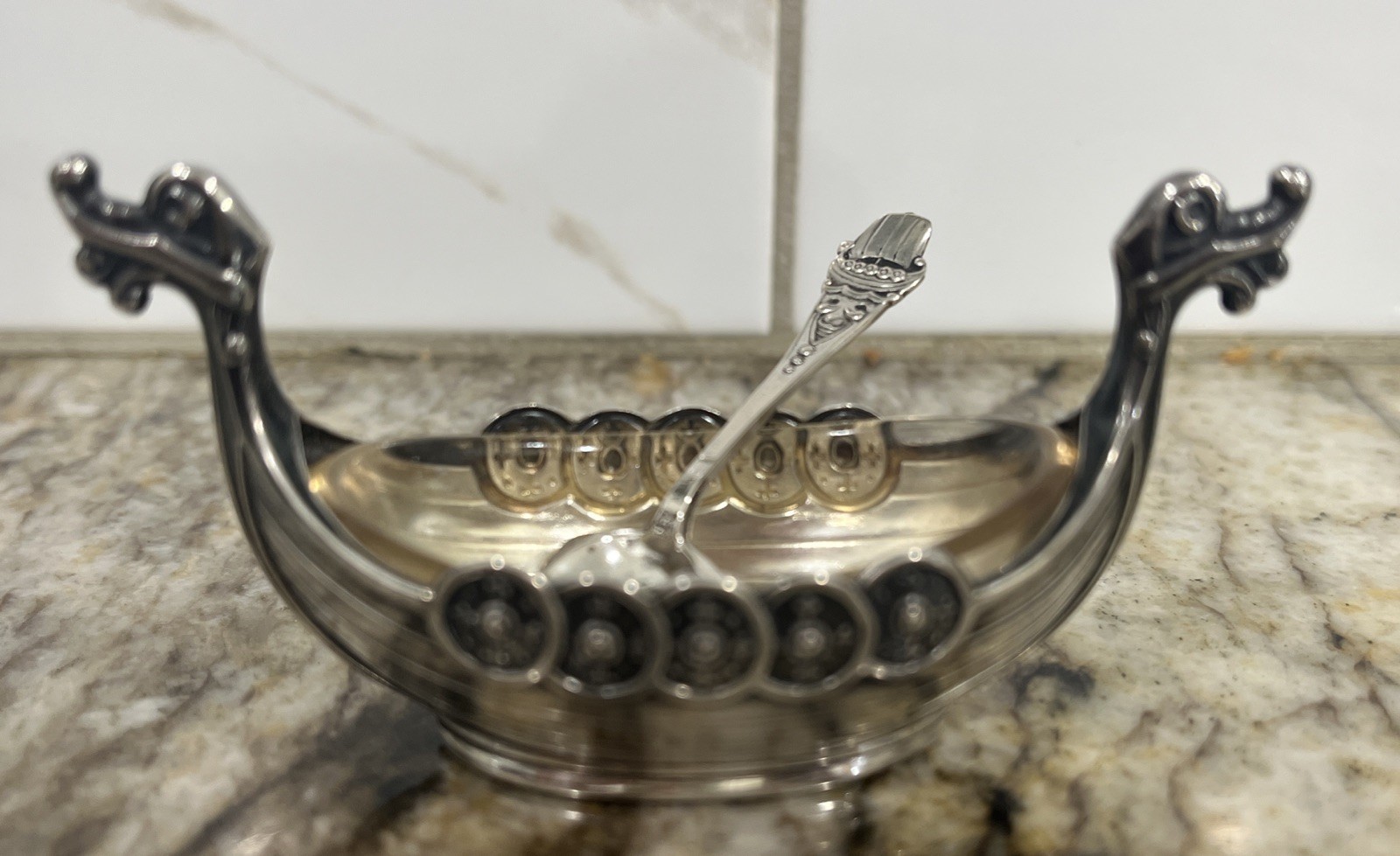 Viking Ship Form Open Salt With Liner Magnus Aase Sterling Silver Norway w Spoon