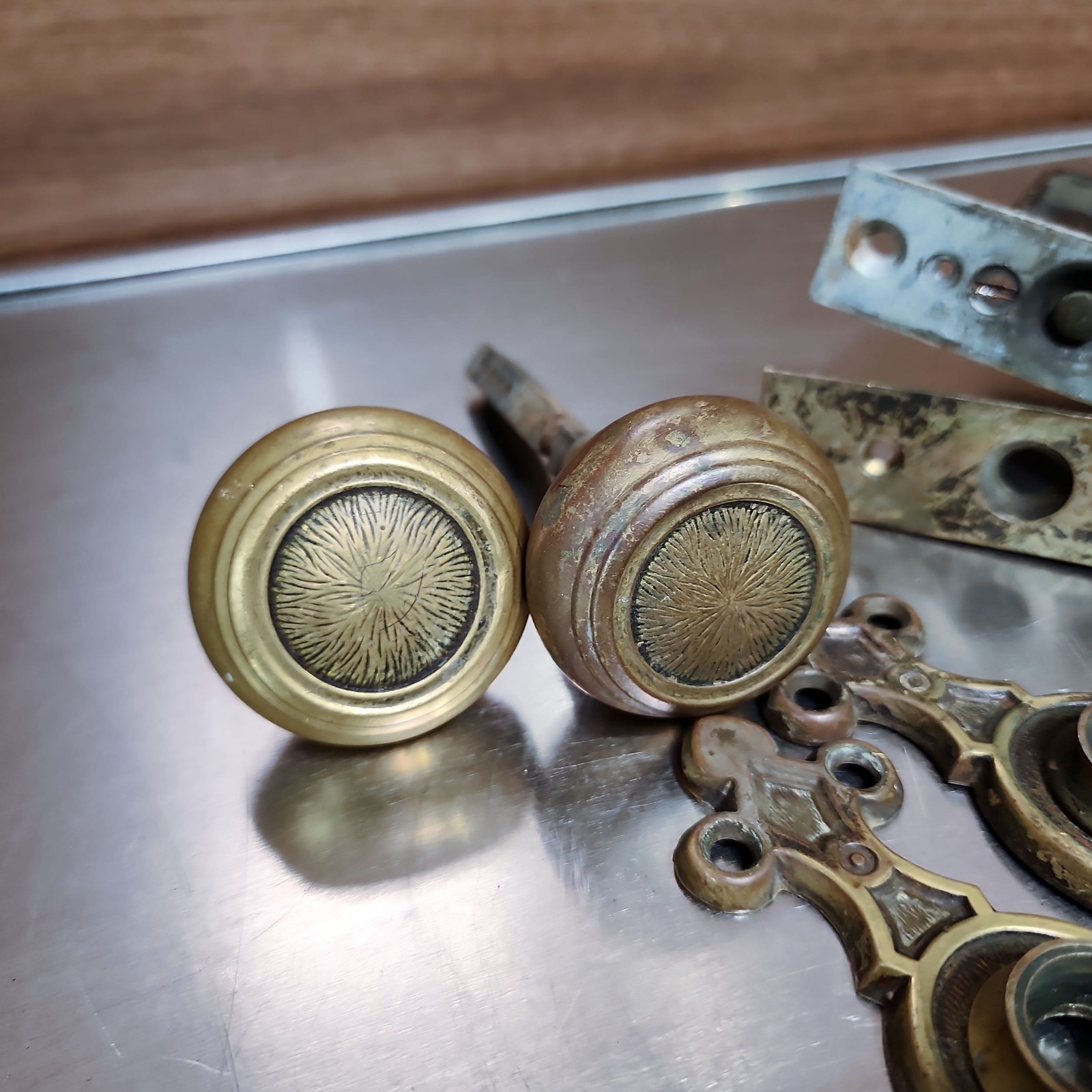 Yale & Towne Derbian Radial Door Knobs 1920s Antique Brass Mortise Lock Set🔑