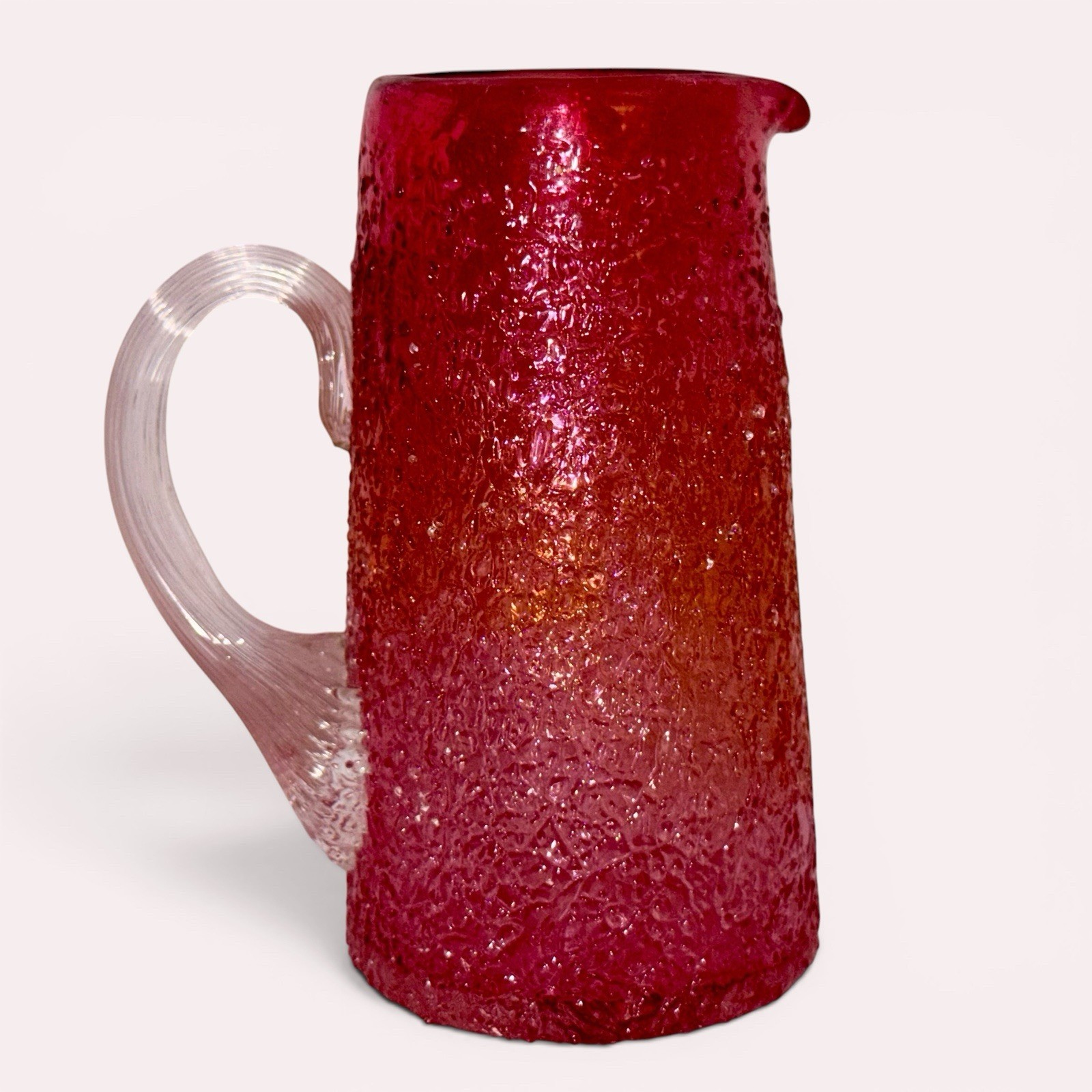 Overshot Cranberry Glass Creamer Pitcher with Reeded Handle – Tankard Form 1800s