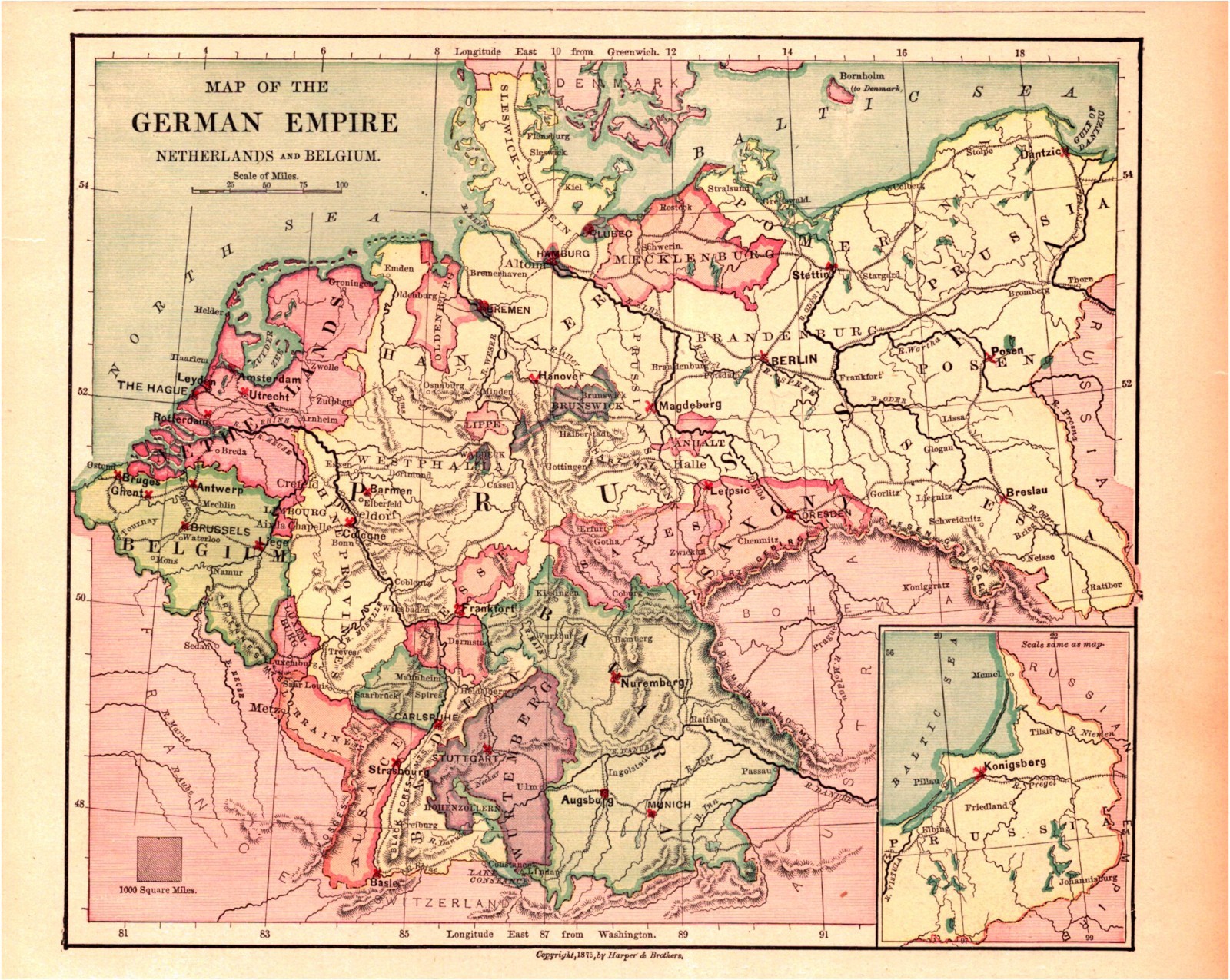 1875 –German Empire Netherlands Belgium–Original Lithograph Harper School Map