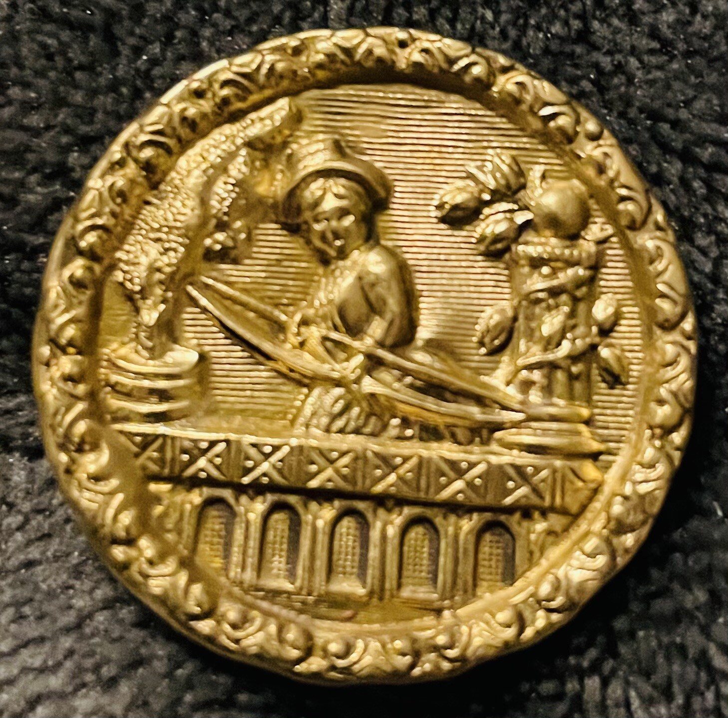 Ex rare ANTIQUE. LADY ARCHER ON BALCONY brass button, ca. 1880s/1890s
