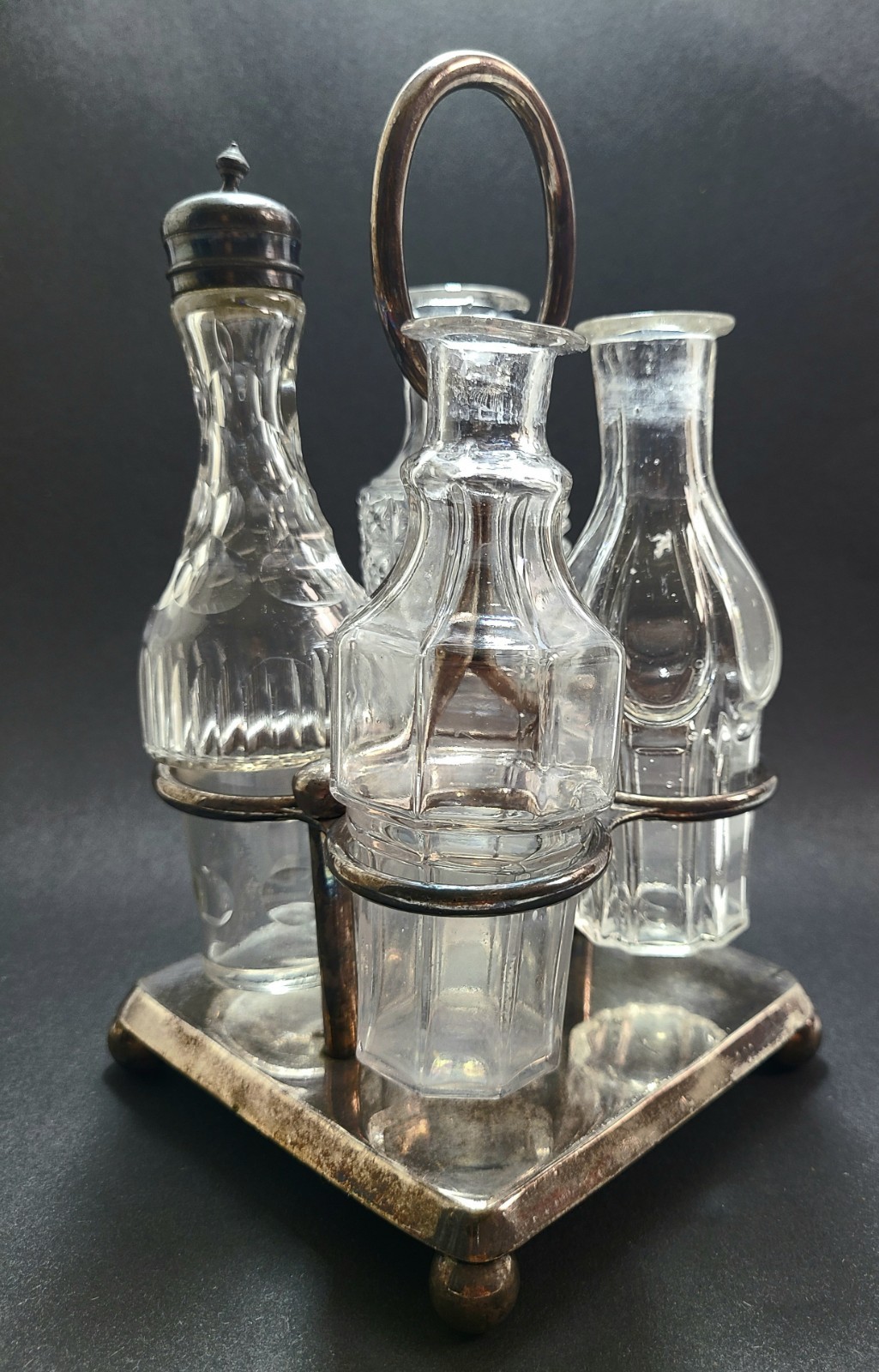 Victorian Silverplate Cruet Castor Set 4 Glass Inserts Salt Oil Manganese Glow