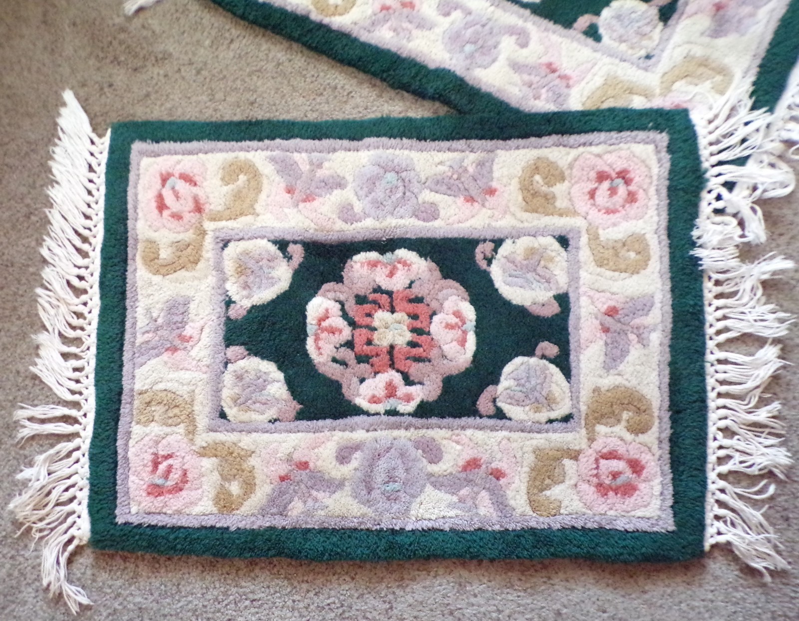 Set of 2 Vintage 1970s Floral Chenille Throw Rugs 27.5×18.5″ Plus Fringe Mats