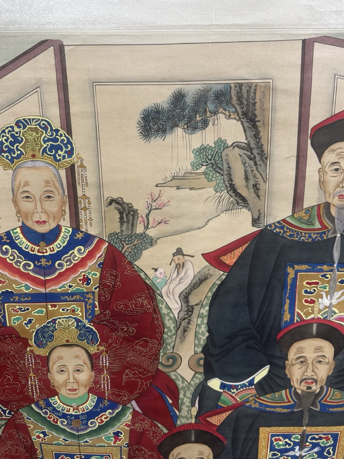 Antique Chinese Multi-Generational Ancestor Portrait Painting Large Silk Scroll