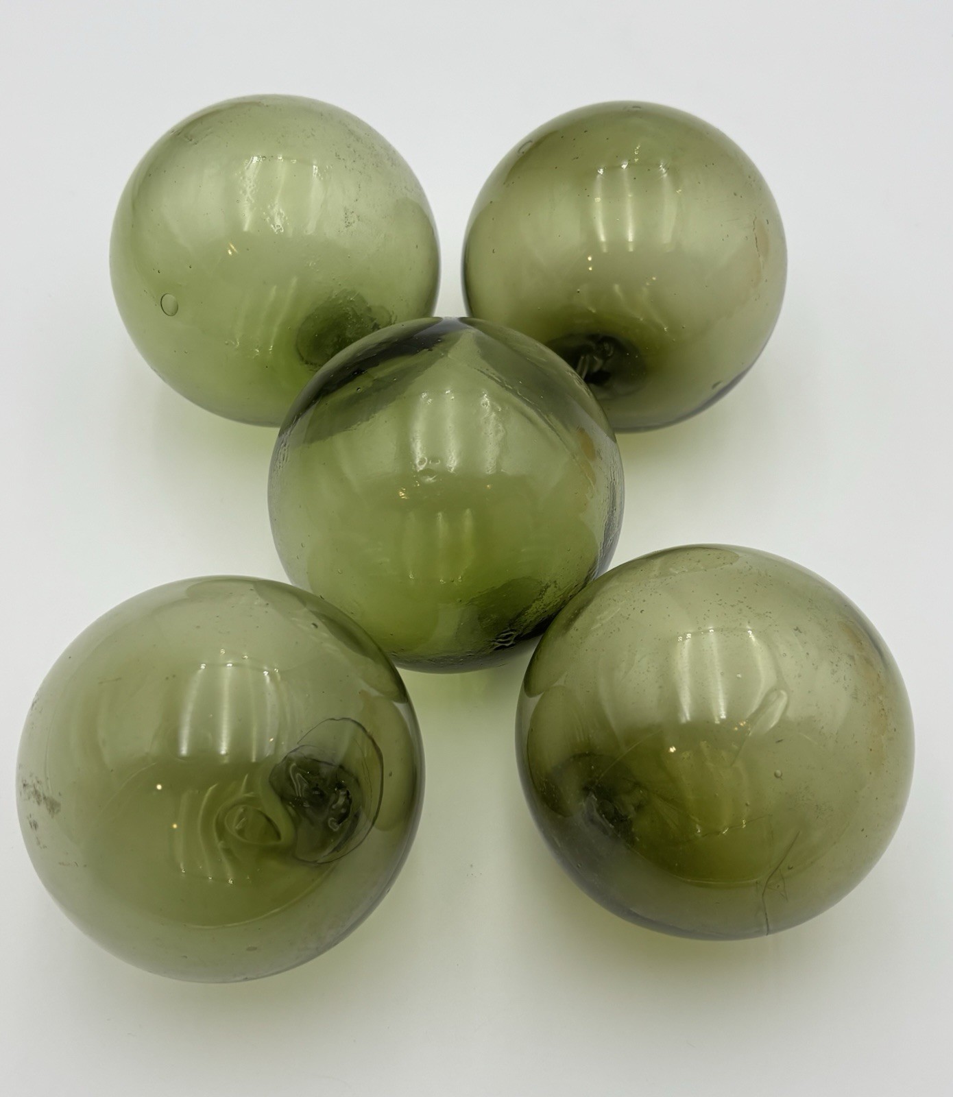 Lot of 5 Japanese Antique Hand Blown Glass Float Olive/Sage Green Sea Glass 3″
